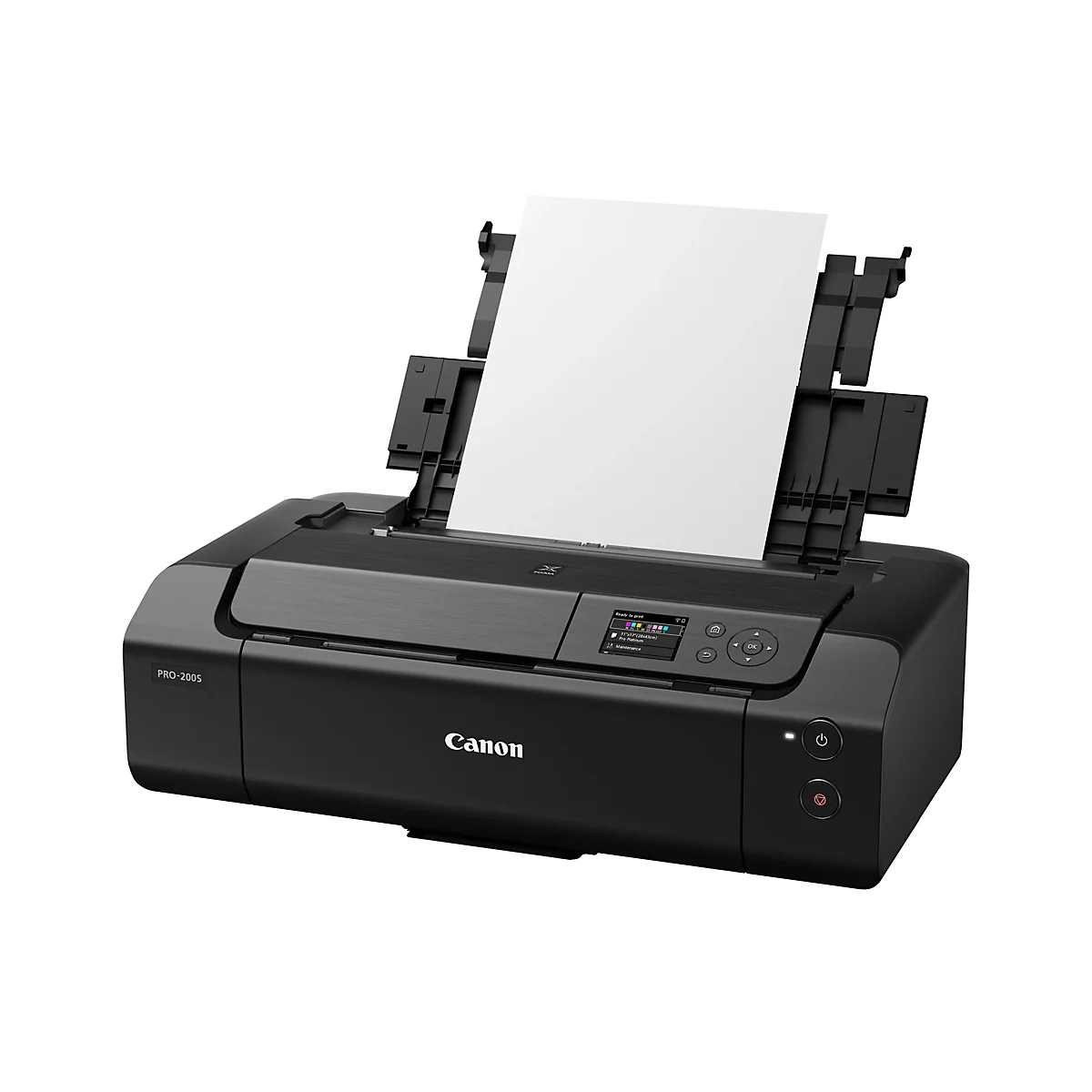 Imprimante Canon noire avec du papier inséré. Le panneau de contrôle affiche "Ready to print".