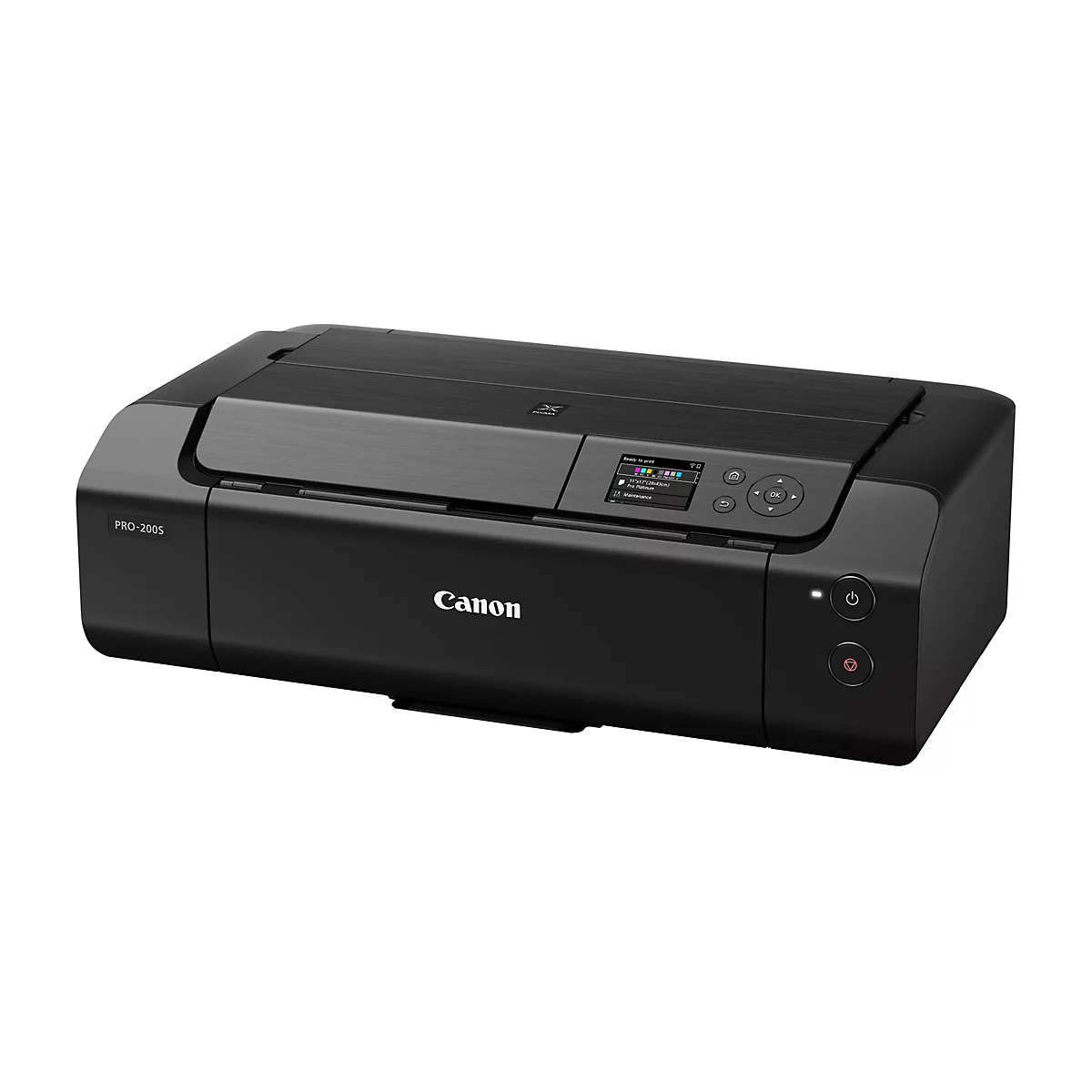 Schwarzer Canon Drucker, Modell Pro-200S, mit Display und Bedienknöpfen. "Canon"-Logo. Gerät auf weißem Hintergrund.