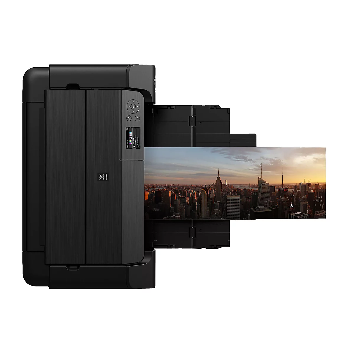 Ein schwarzer Drucker druckt ein Bild der Skyline von New York City aus.