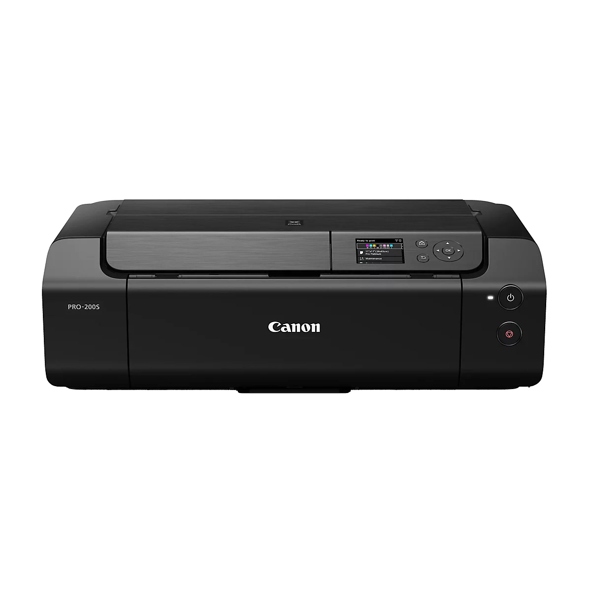 Schwarzer Canon PRO-200S Drucker, Detailansicht mit Bildschirm, Knöpfen und Canon-Logo.