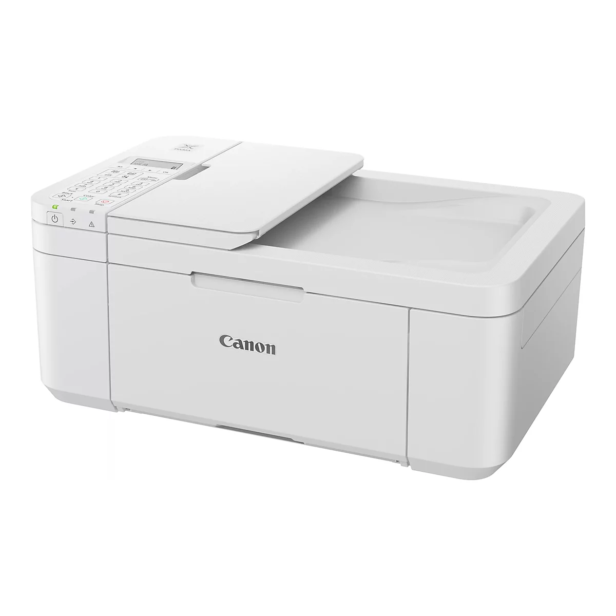 Weißer Canon Multifunktionsdrucker, der leicht von oben geöffnet ist. Auf der Bedienoberfläche befinden sich Knöpfe und ein kleines Display.