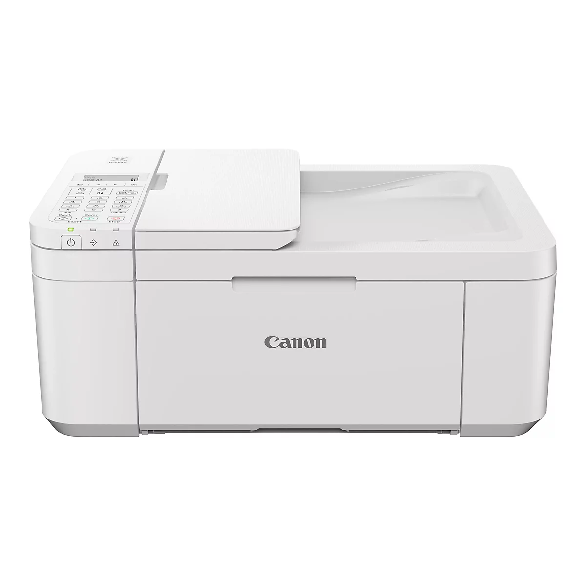 Weißer Canon Pixma Drucker. Vorne ist das Canon Logo zu sehen. Auf der Oberseite befinden sich ein Scanner und ein Bedienfeld mit Knöpfen.