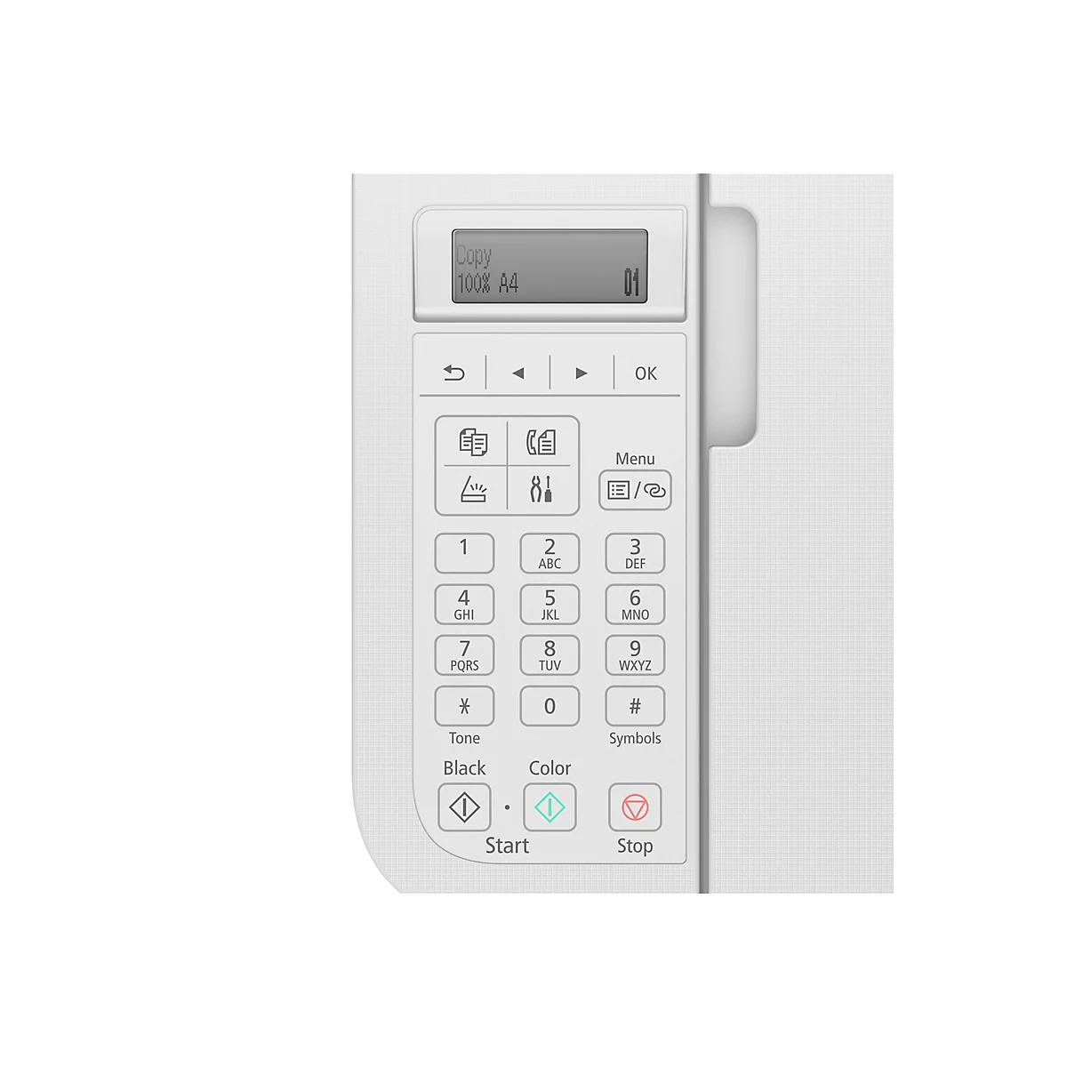 Nahaufnahme einer weißen Drucker-Bedienoberfläche. Mit Display, Tasten und Ziffernblock.