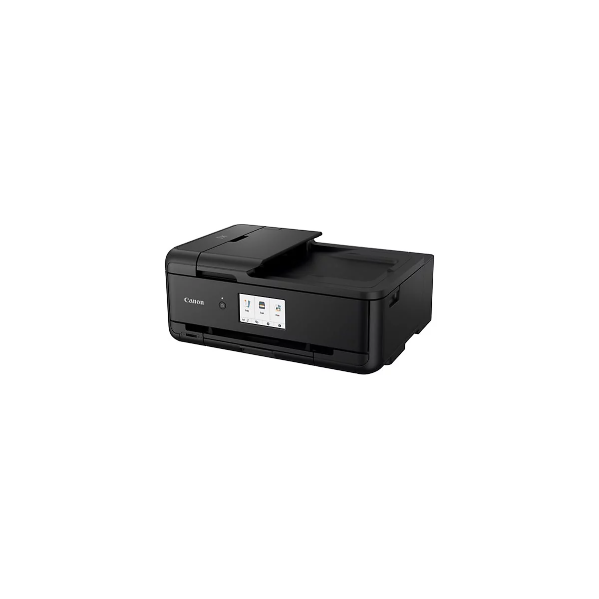 Schwarzer Canon Drucker mit Touchscreen. Auf dem Display werden Symbole für Kopieren, Scannen und Drucken angezeigt.
