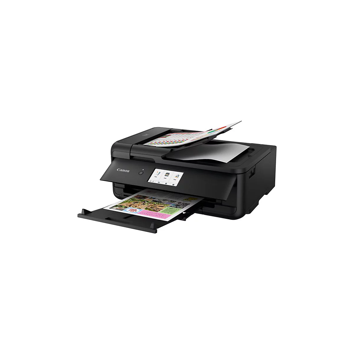 Schwarzer Canon Drucker mit offenem Fach, Papierausgabe und geöffnetem Deckel.