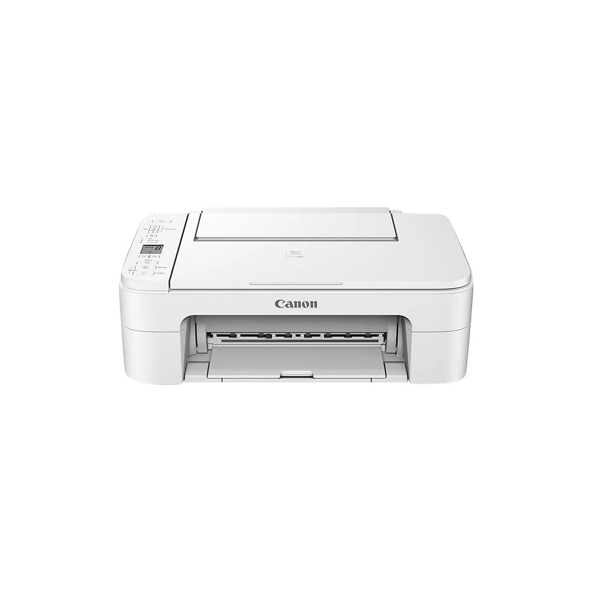 Weißer Canon Drucker mit offenem Papierausgabefach. Auf der Oberseite befinden sich Bedienelemente und die Marke Canon.