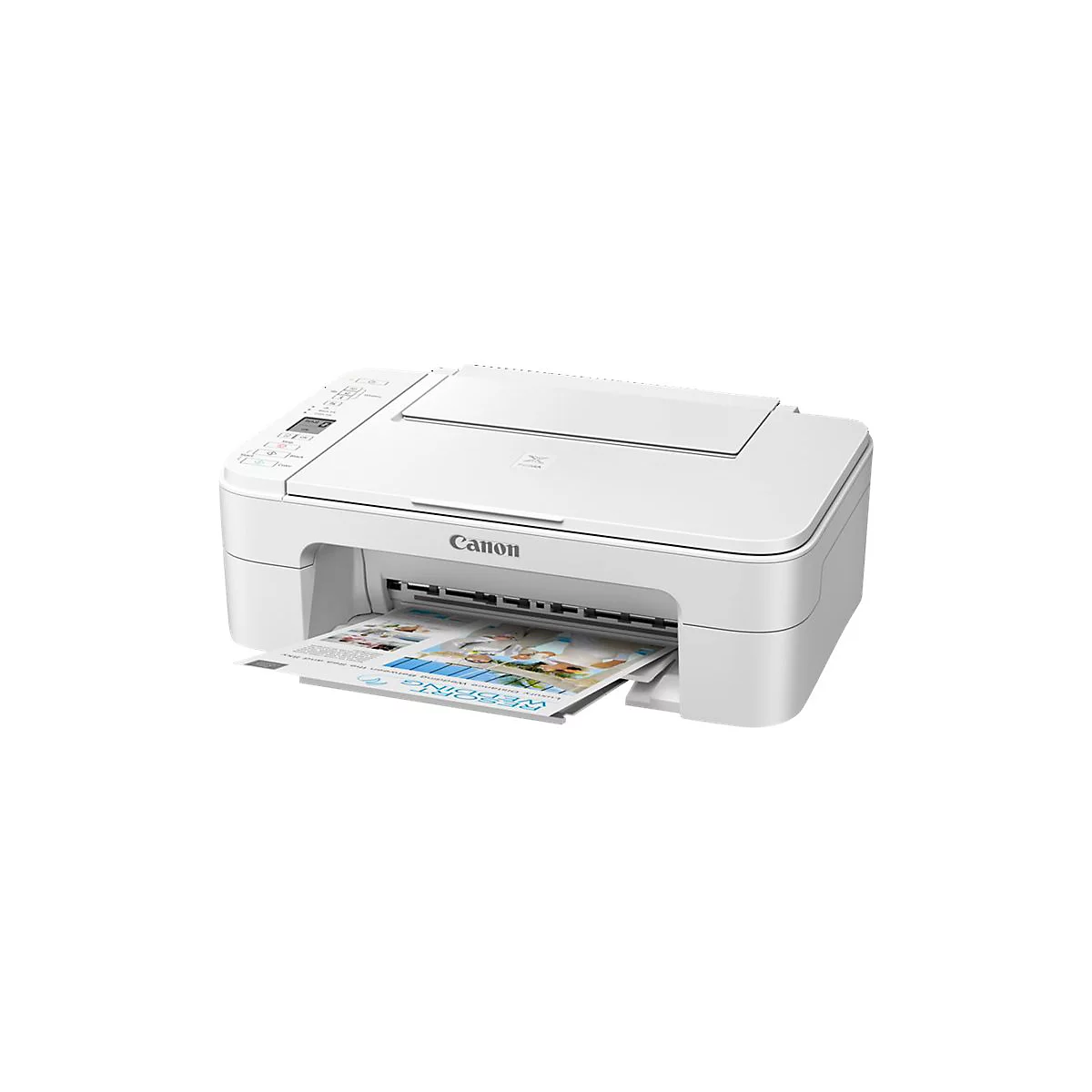 Ein weißer Canon-Tintenstrahldrucker druckt ein Hochzeitsmagazin. Auf dem Drucker ist das Canon-Logo zu sehen.