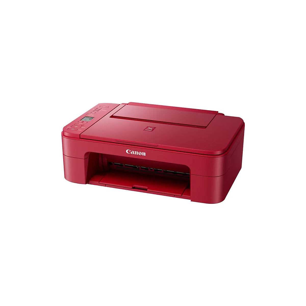 Roter Canon-Drucker vor weißem Hintergrund. Der Drucker hat das Canon-Logo, Tasten und einen Papiereinzug.