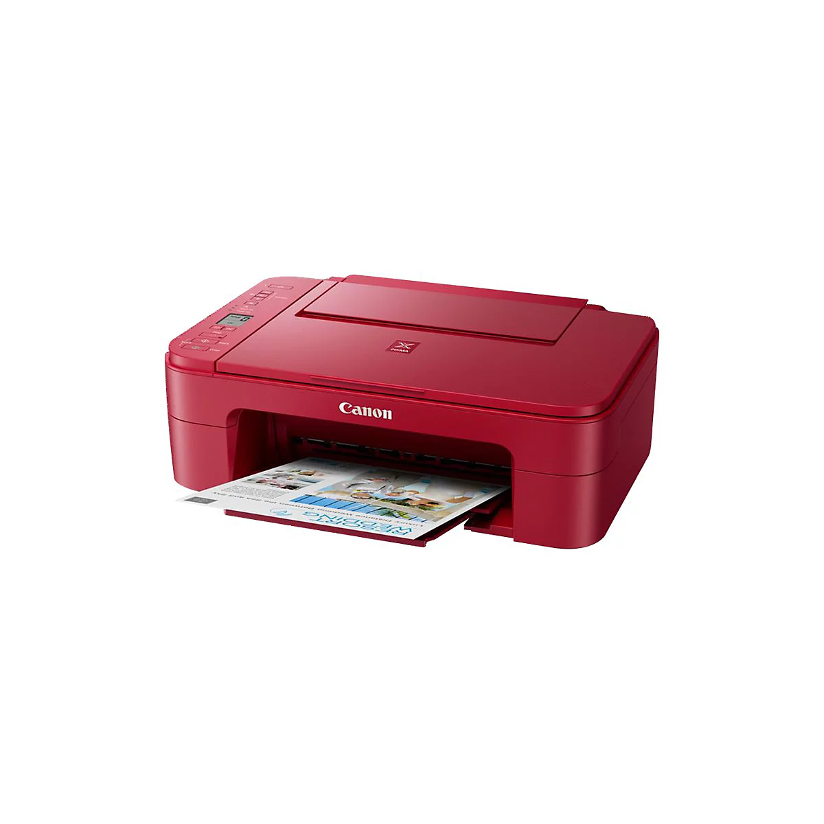 Roter Canon-Drucker mit einem gedruckten Blatt. Auf dem Blatt ist Text zu lesen.