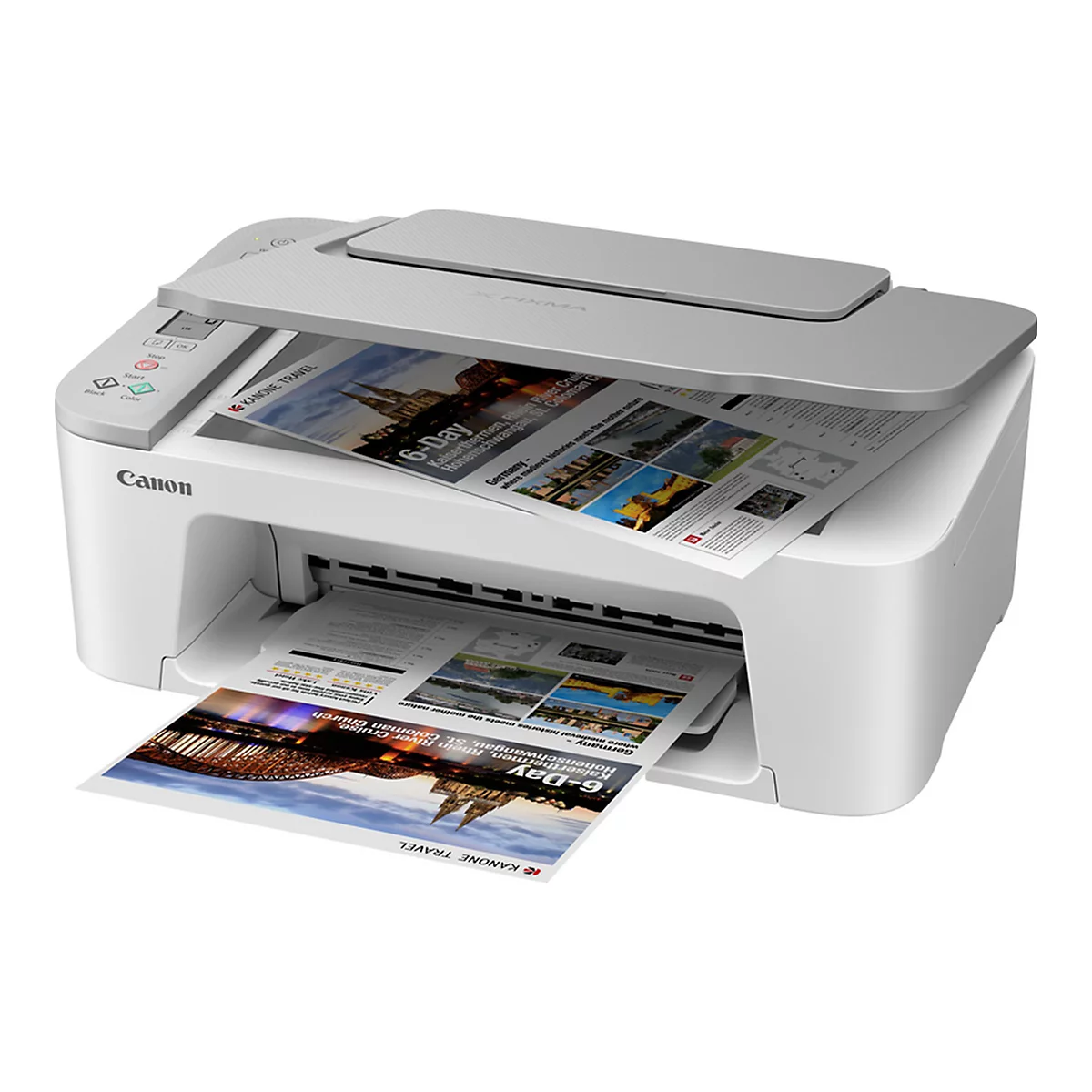 WeiÃŸer Canon-Drucker druckt ReisebroschÃ¼ren. Obere Abdeckung offen. BlÃ¤tter mit farbigen Bildern gleiten aus dem Drucker.