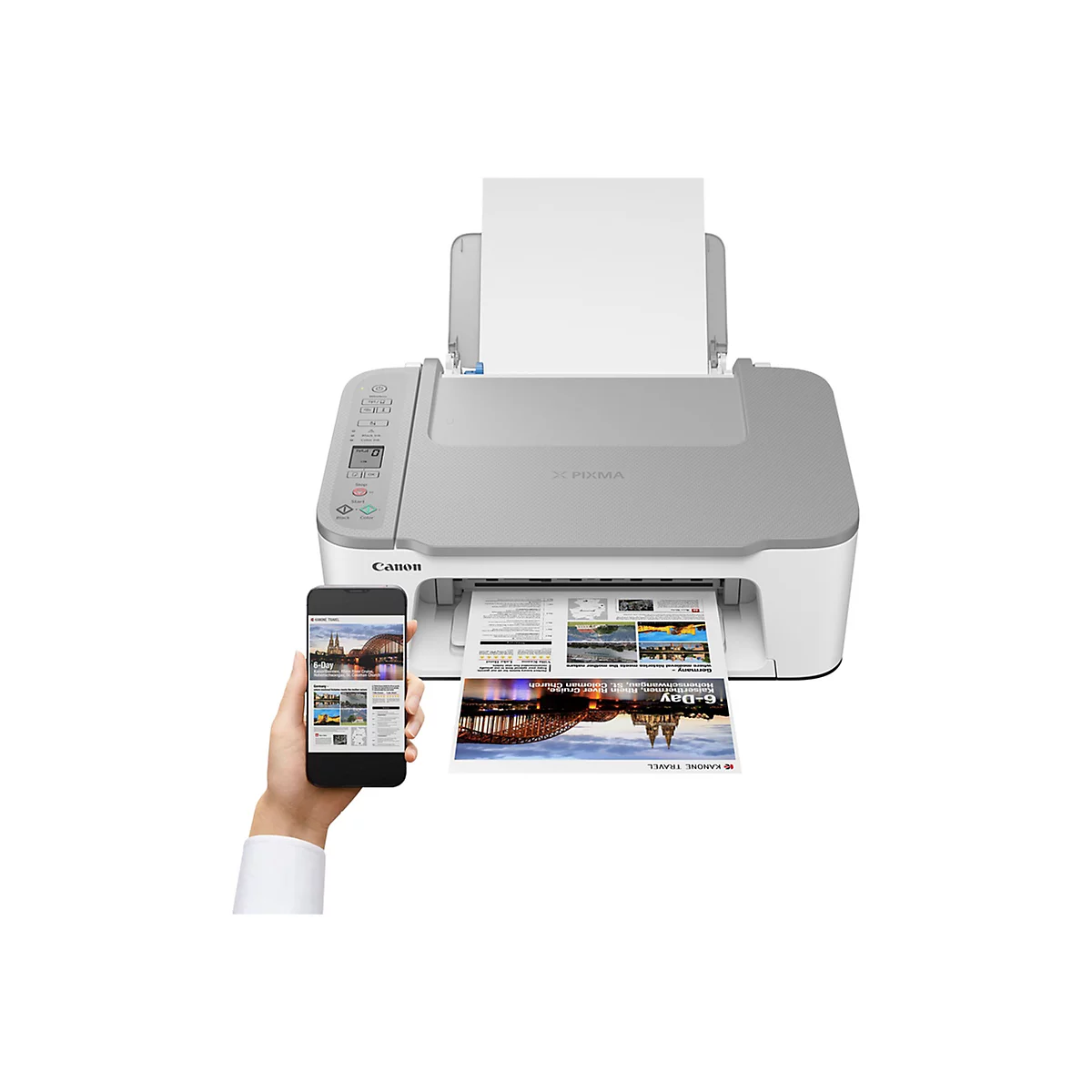 Ein Drucker druckt ein Blatt Papier aus, neben einem Smartphone.