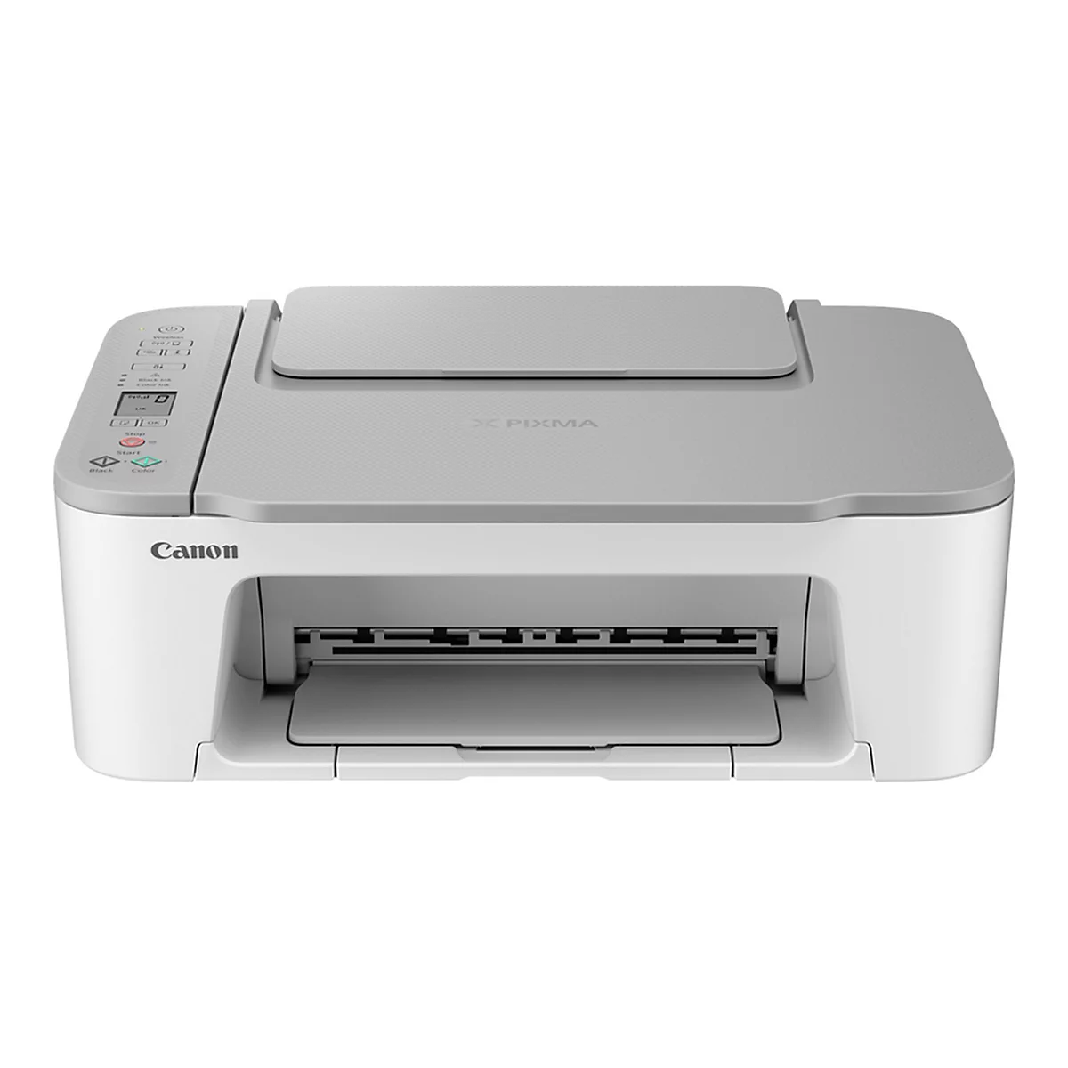 WeiÃŸer Canon-Drucker mit grauer Abdeckung. Die SchriftzÃ¼ge Canon und Pixma sind sichtbar.