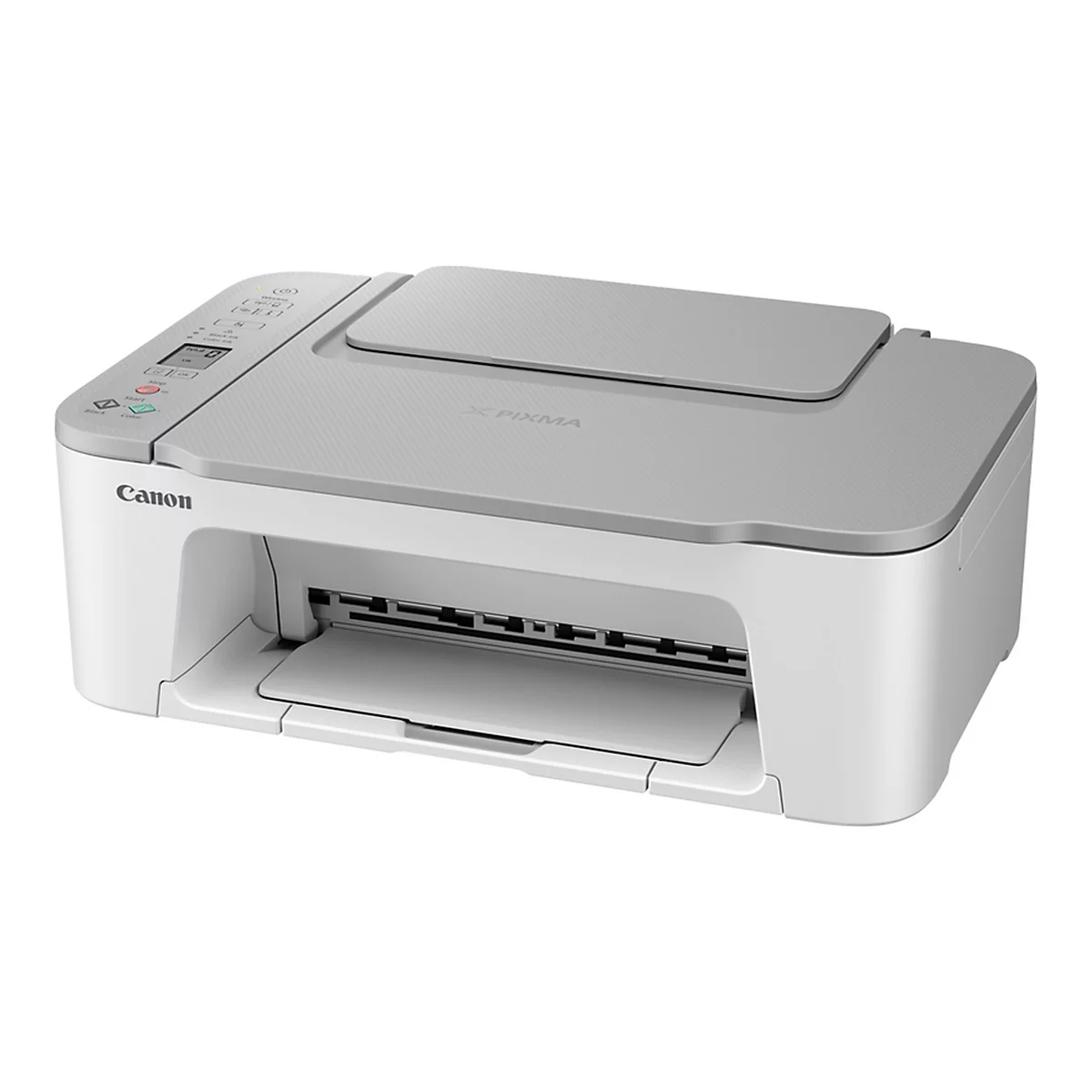 Ein weiÃŸer Canon-Drucker mit grauer Abdeckung. Das Bedienfeld ist links.