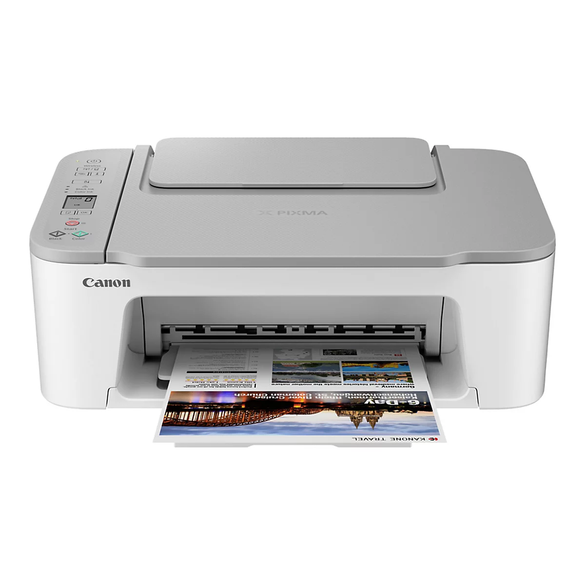WeiÃŸer Canon-Drucker druckt ein farbiges Dokument. Grau Deckel, Tasten und Bedienelemente.