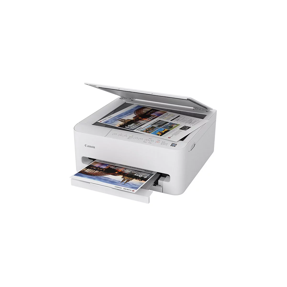 Weißer Canon-Drucker mit offenem Deckel. Ein Blatt wird bedruckt, ein weiteres liegt im Scanner.