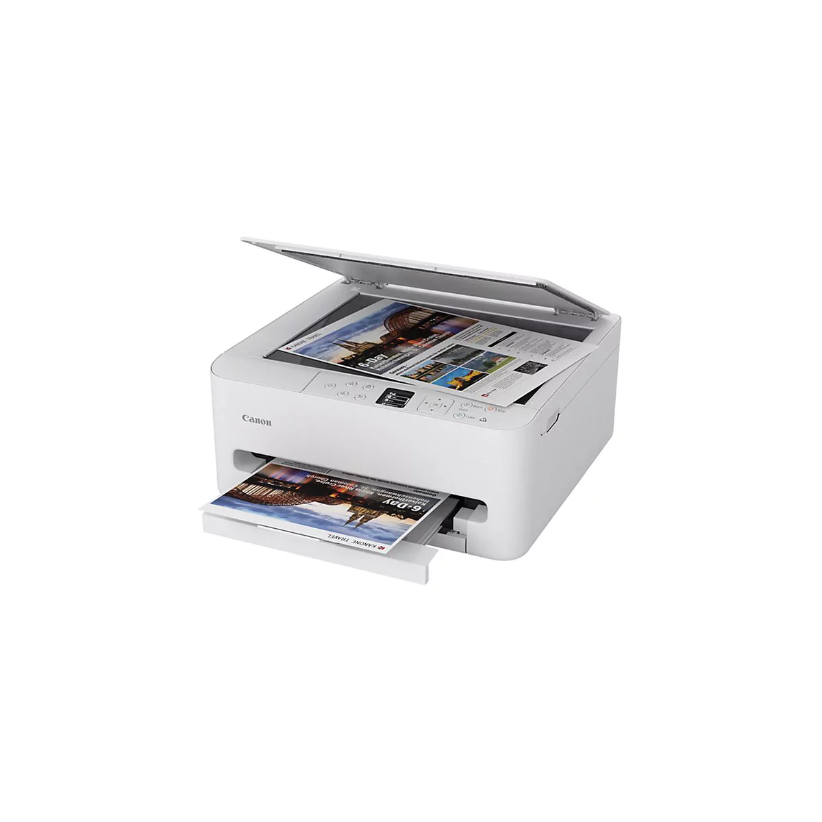 Weißer Canon Drucker, geöffnet, mit ausgedruckten Reiseinformationen.