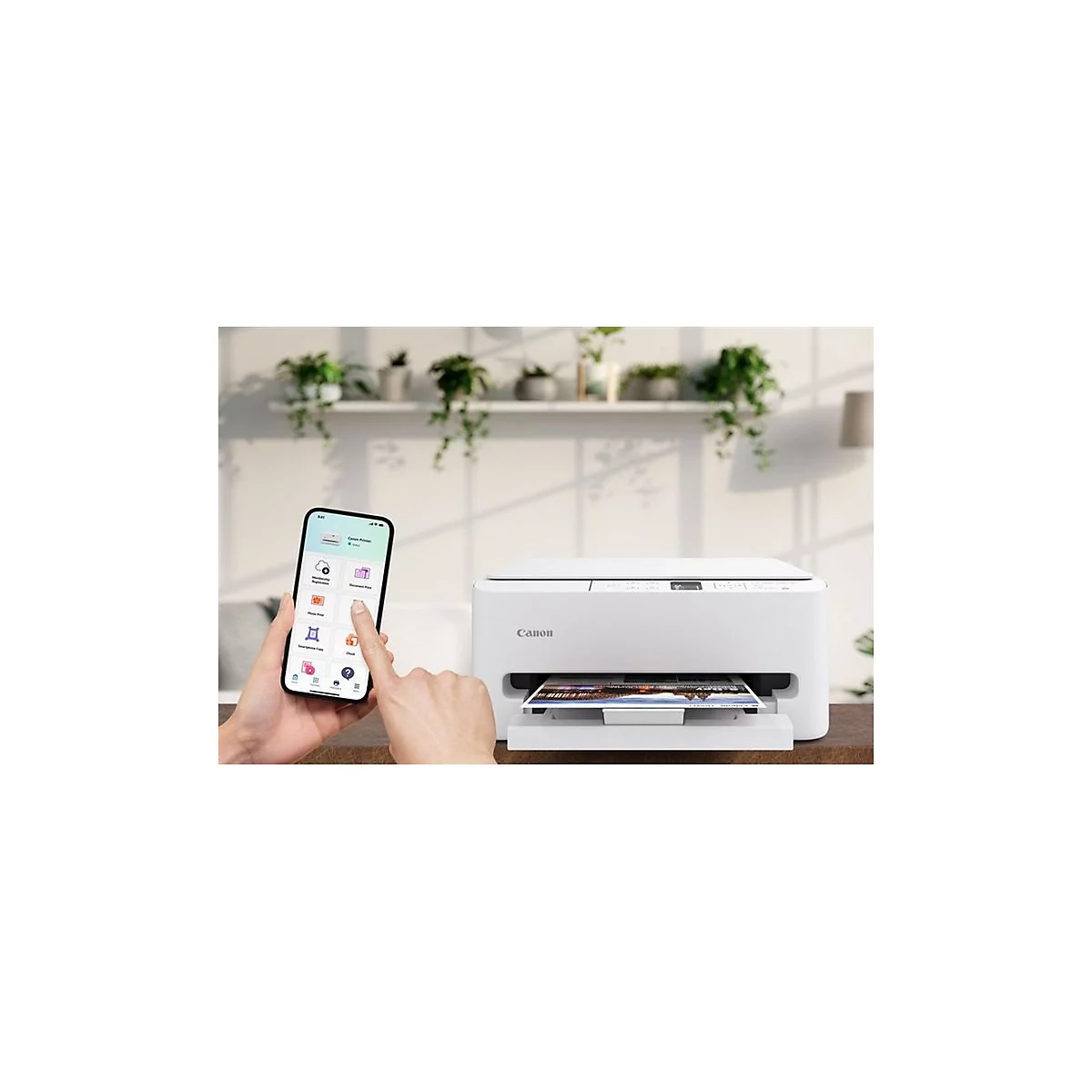 Weiße Canon Drucker mit Smartphone App-Anzeige, die ein Foto druckt. Im Hintergrund Grünpflanzen auf einem Regal.