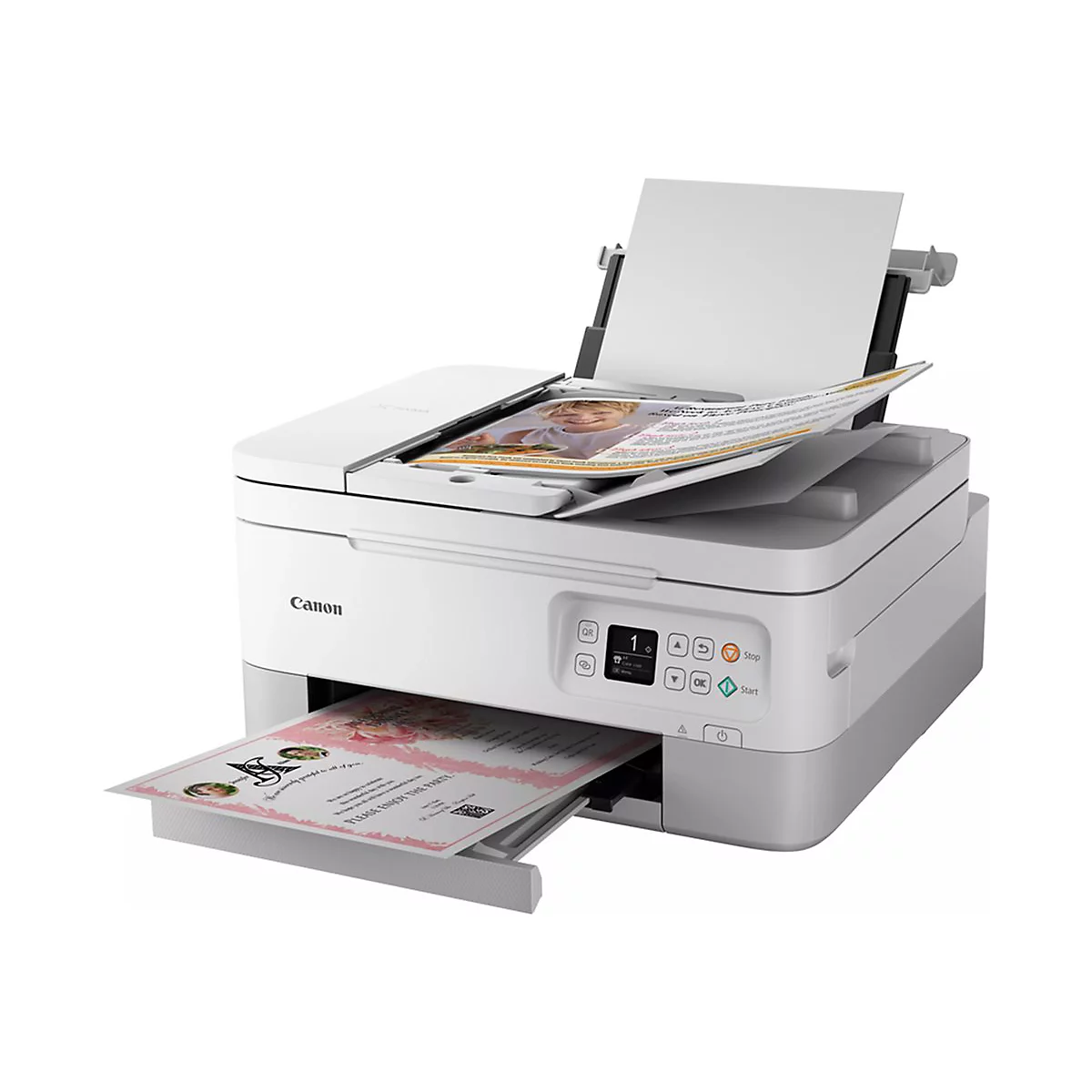 WeiÃŸer Canon Drucker beim Drucken von Dokumenten. Papierausgabe und Scanner geÃ¶ffnet.