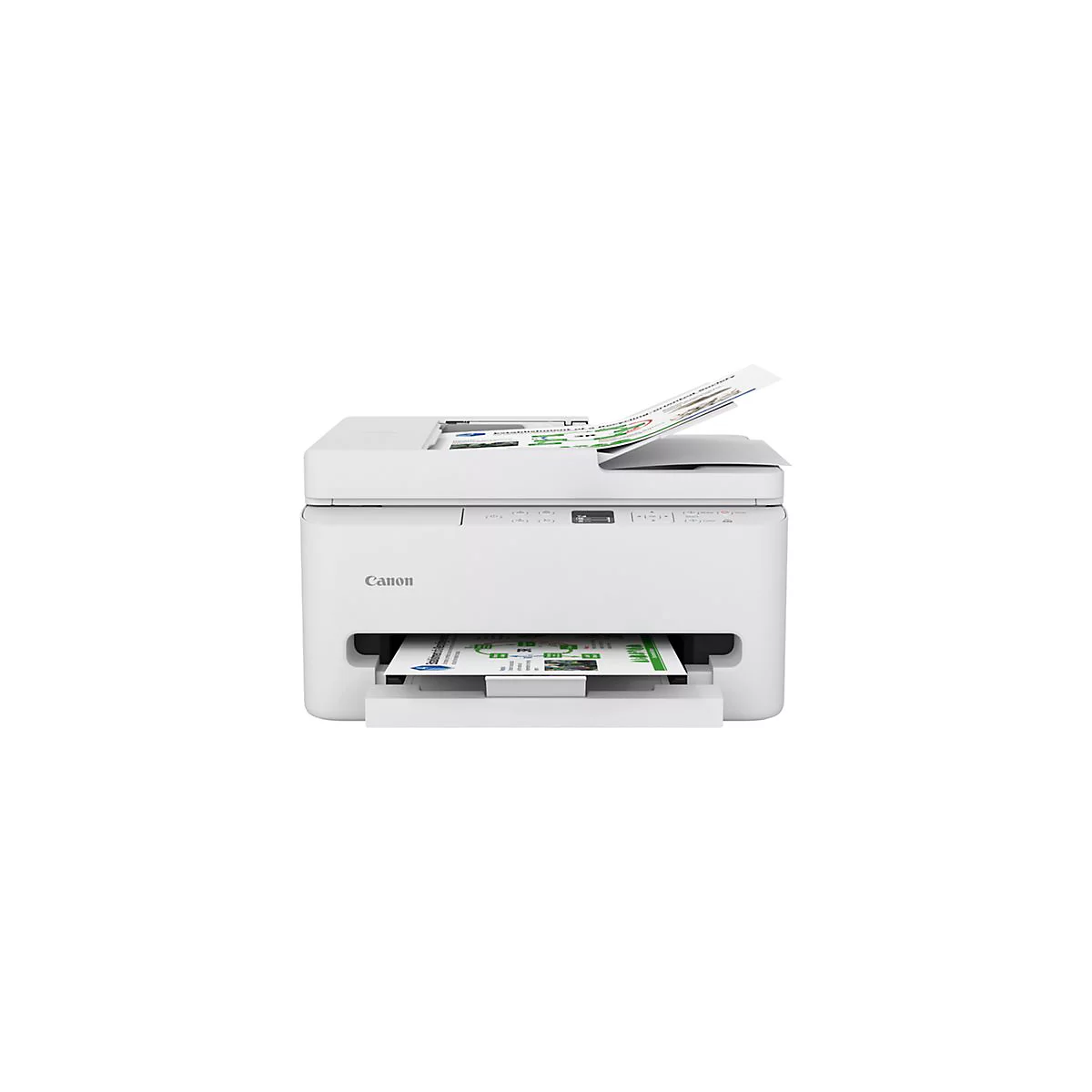 Weißer Canon-Multifunktionsdrucker, der Dokumente druckt. Papiere kommen aus zwei Ausgabefächern.