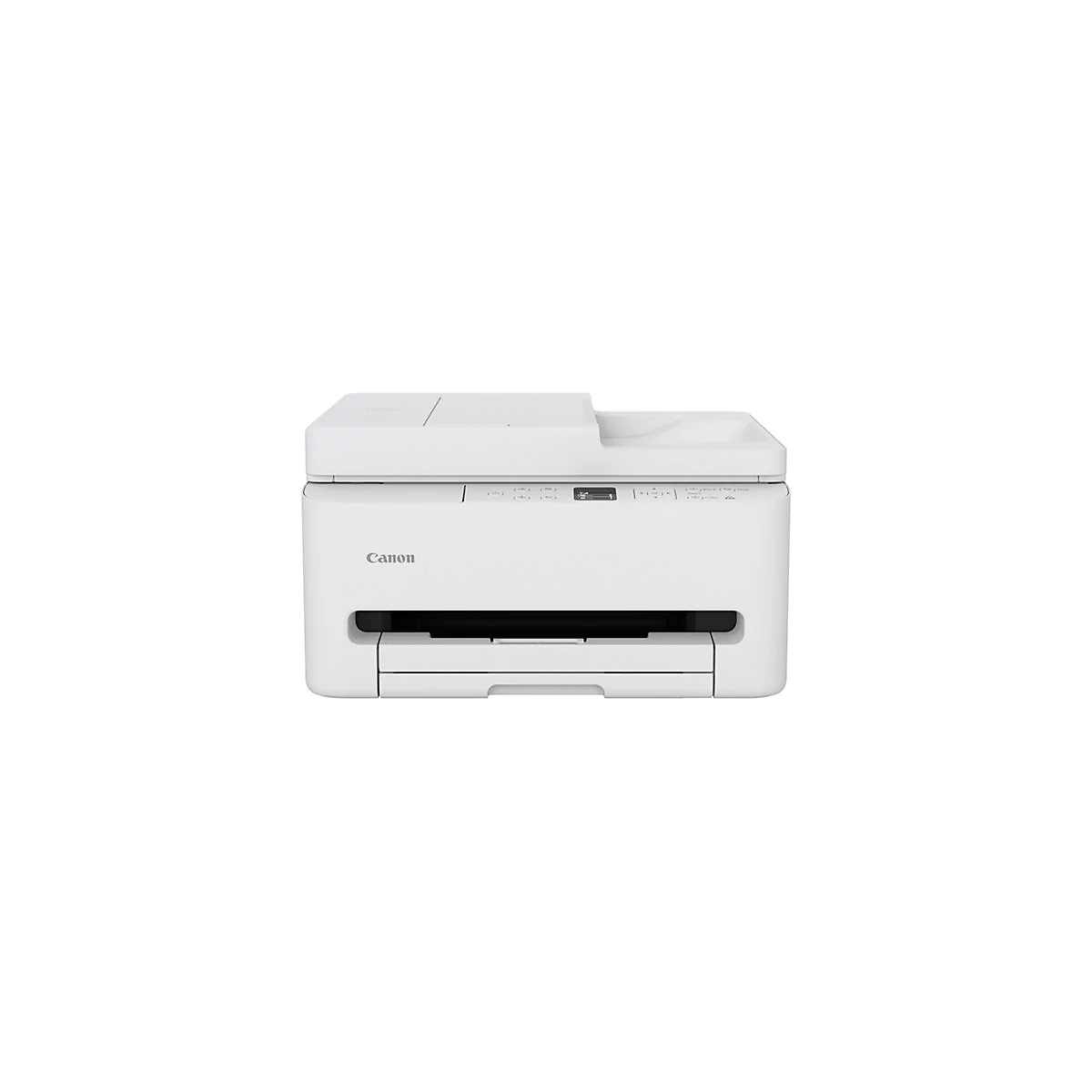 Weißer Canon Drucker, Frontansicht. Oben rechts Papierausgabe, unten Papierschublade.