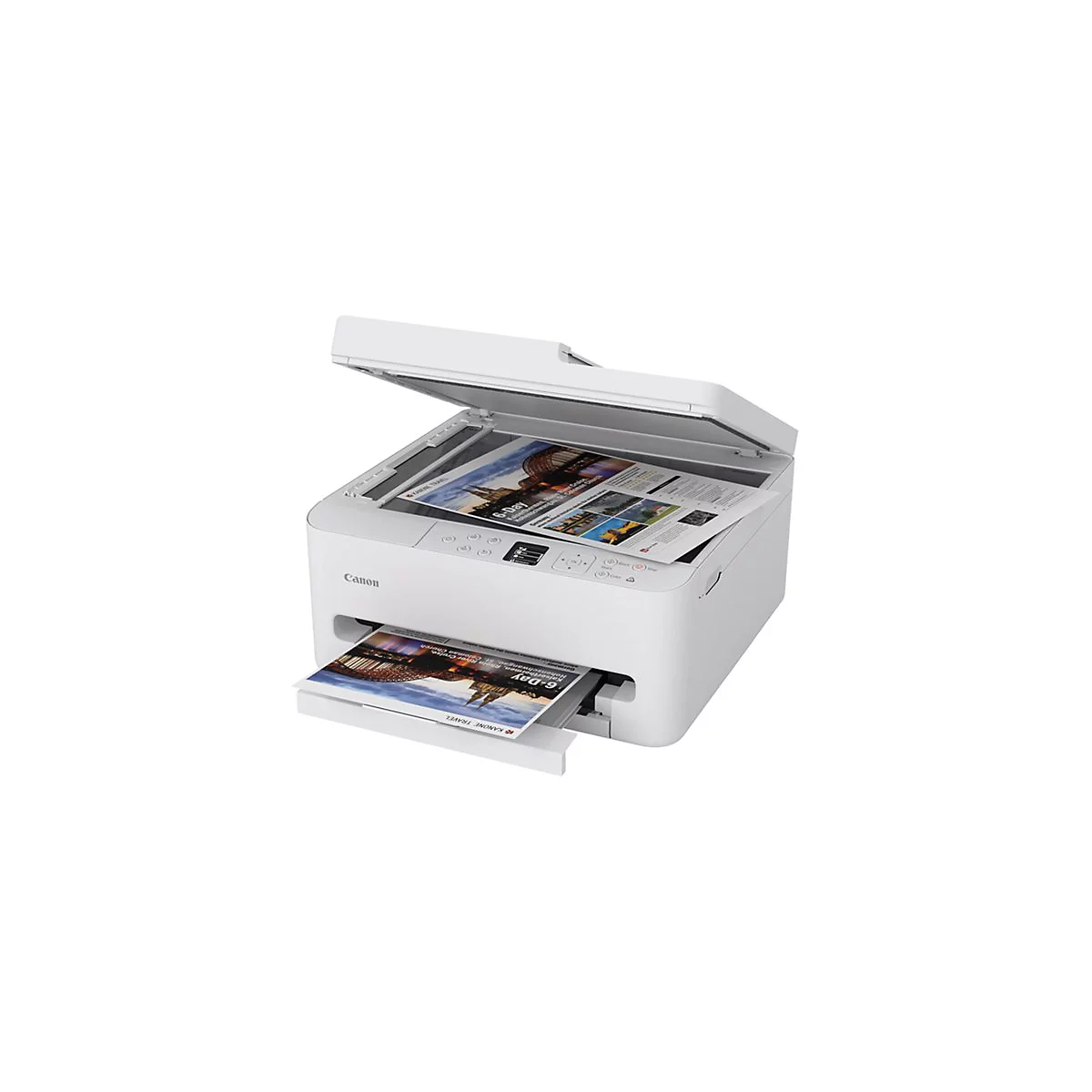 Weißer Drucker mit geöffnetem Deckel, bedruckte Papiere innen und ausgegeben. Der Text auf dem Papier lautet "6-Day".