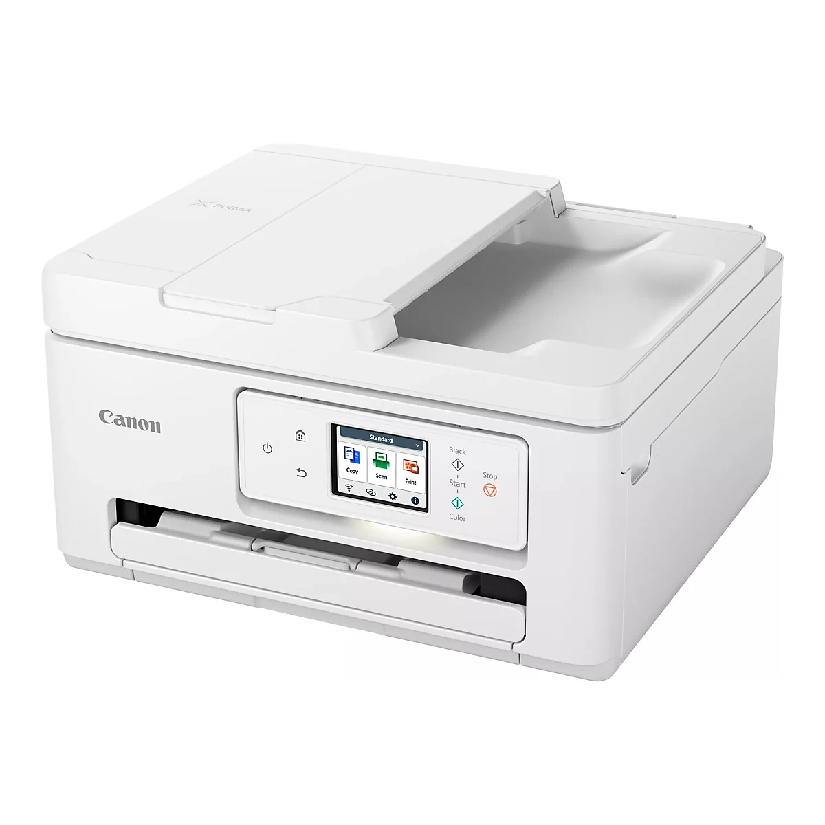 Imprimante multifonction Canon blanche. Couvercle ouvert. Panneau de commande avec options pour copier, scanner, imprimer. Lettrage Canon.