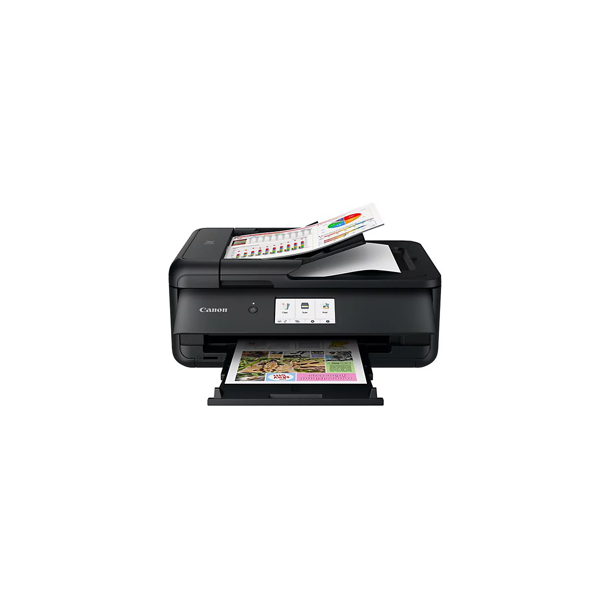 Schwarzer Canon-Multifunktionsdrucker. Auf dem Scanner liegen Diagramme, gedrucktes Papier kommt aus dem Ausgabefach.