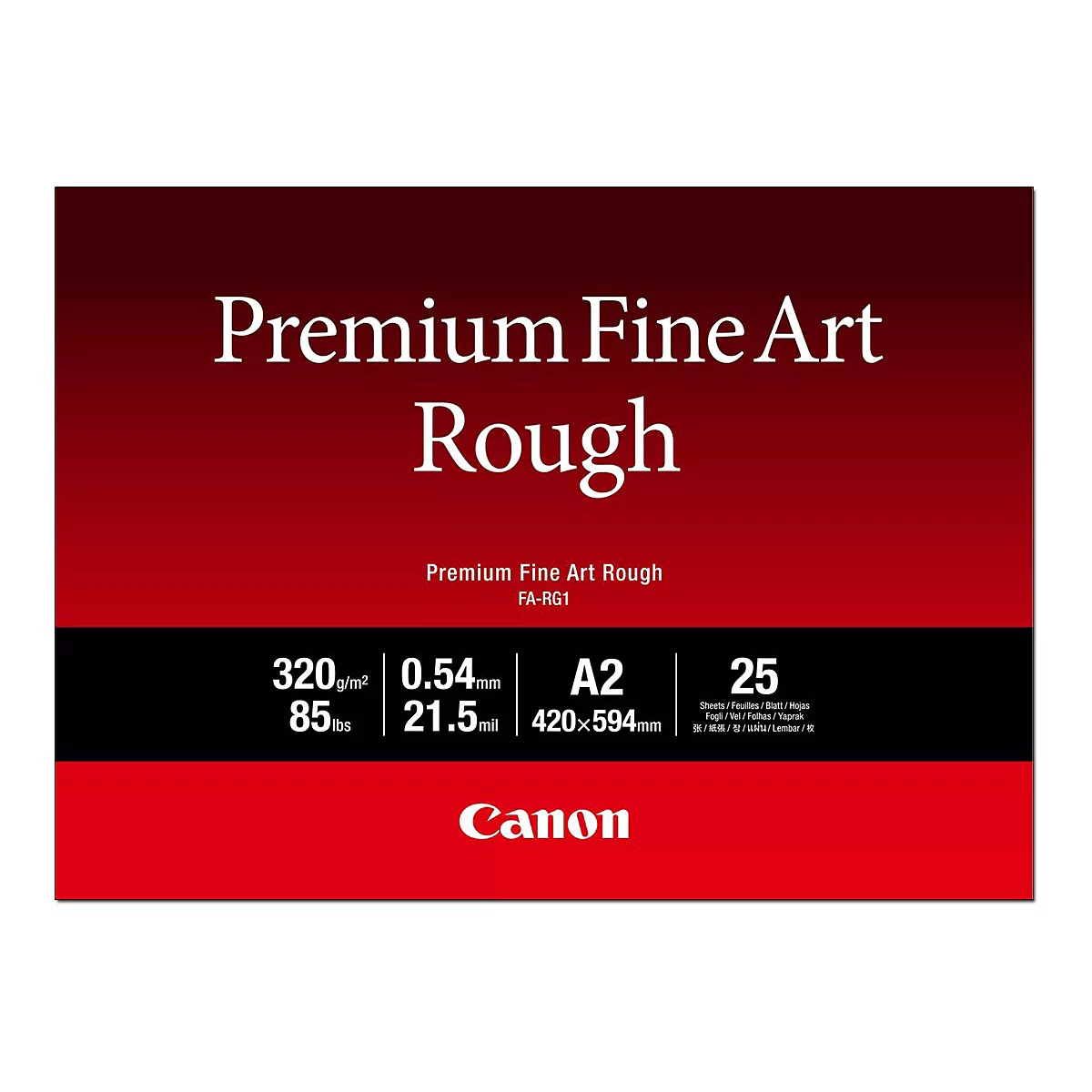 Canon Premium Fine Art Rough Papierverpackung in Dunkelrot mit technischen Spezifikationen wie 320g/qm und A2.