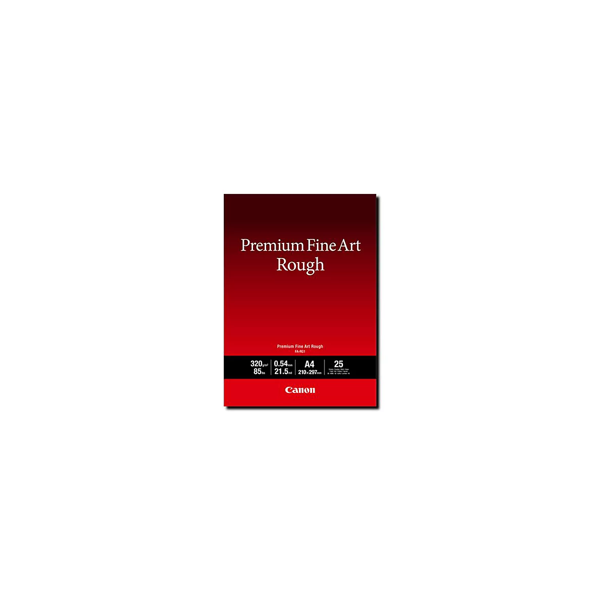 Produktverpackung Premium Fine Art Rough Papier von Canon, rot mit technischen Spezifikationen in einem schwarzen Balken.