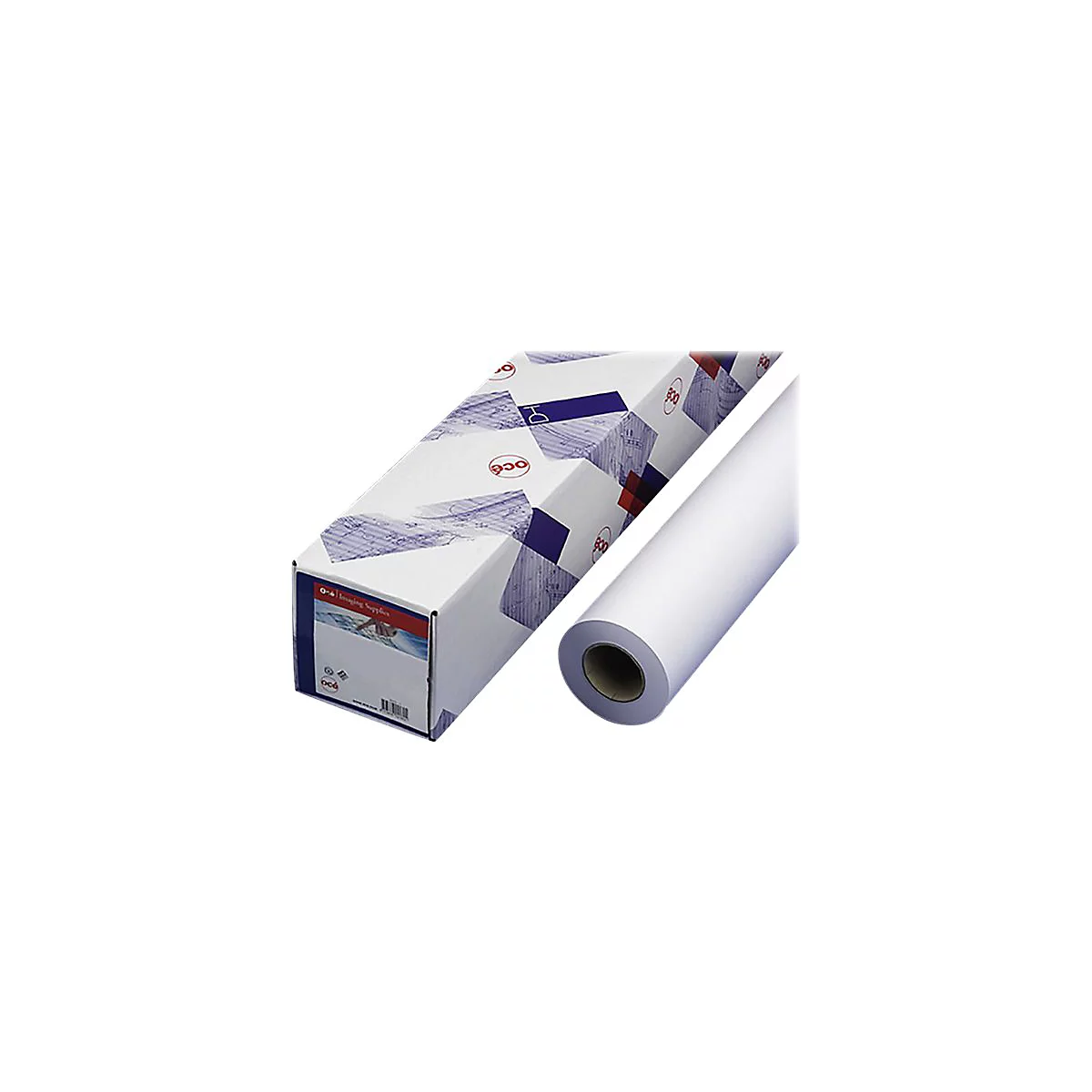 Eine Océ-Papierrolle für Plotter neben der dazugehörigen weißen Verpackung mit blauem Muster.