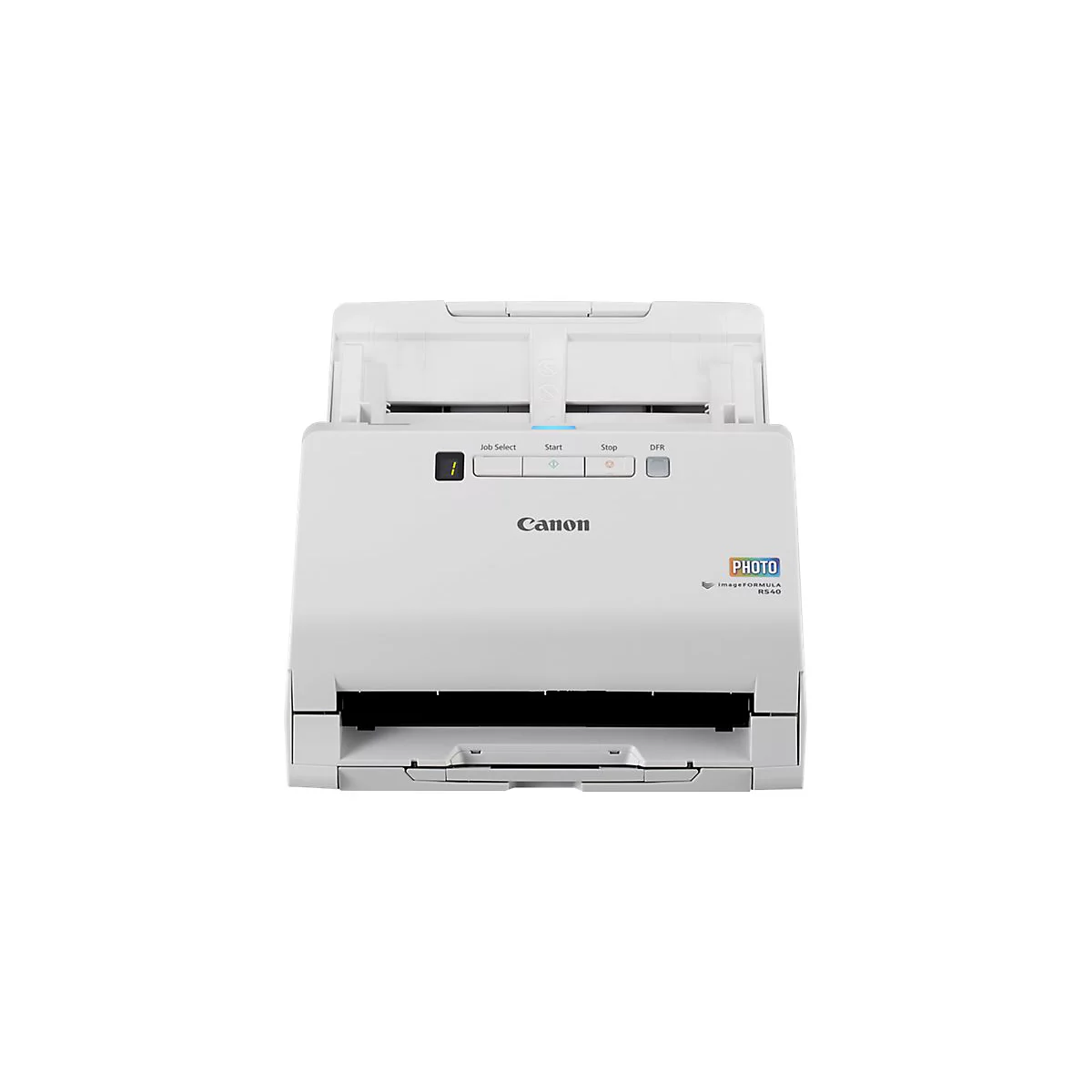 Scanner Canon blanc, modèle Image Formula RS40, avec boutons de commande et logo.