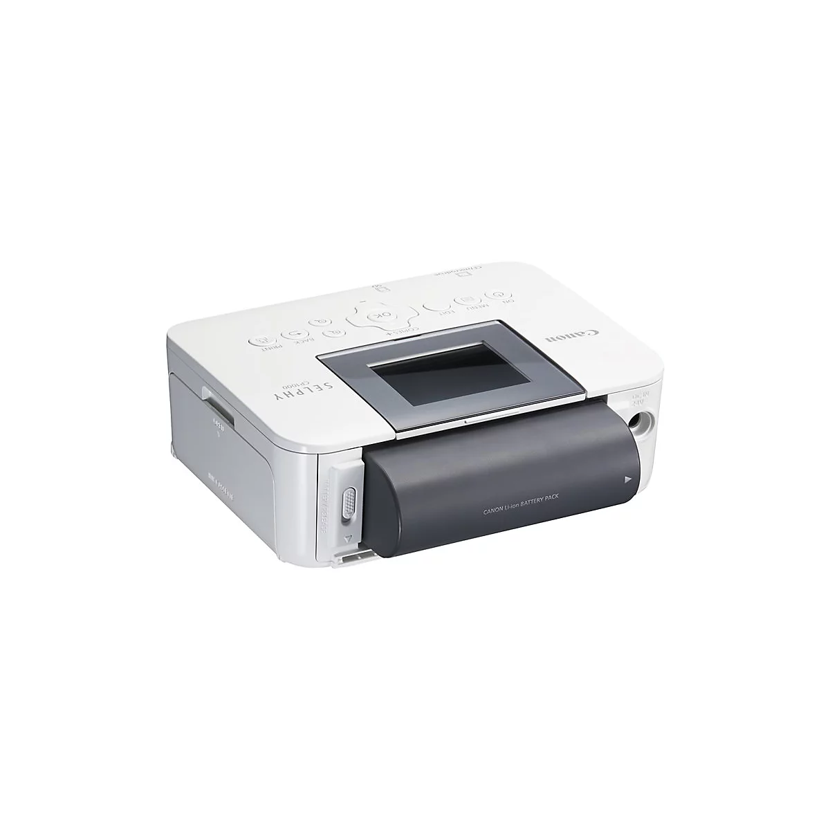 WeiÃŸer Canon Selphy Fotodrucker. Grauer Rahmen, dunkler Akku. KnÃ¶pfe oben. Schriftzug: Selphy CP1300.