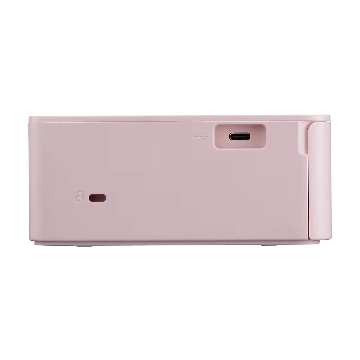 Hellrosa Mini-Drucker von der Seite. USB-Anschluss und ein Symbol für eine Sperre.