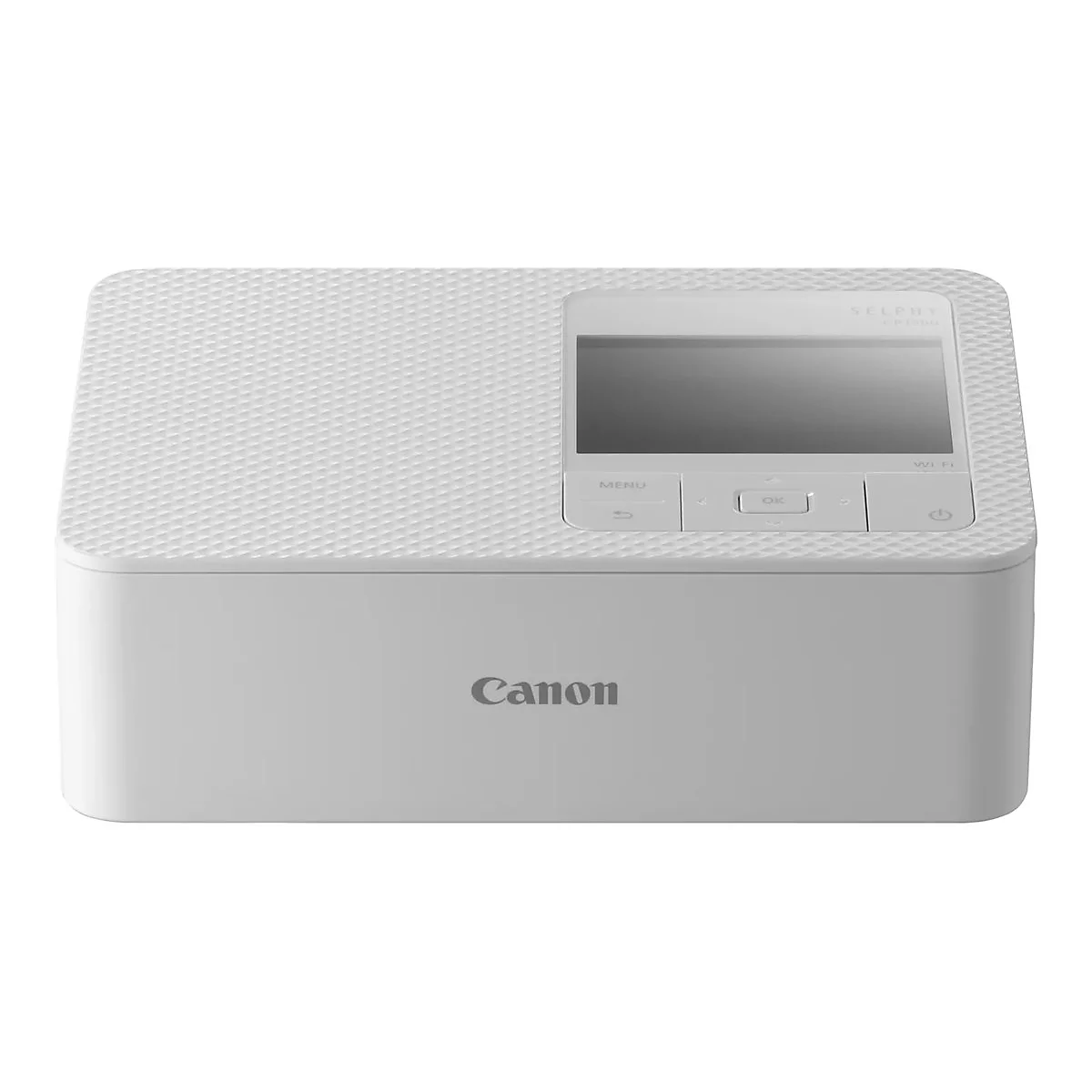 Weißer Canon Selphy CP1500 Fotodrucker in Frontansicht vor neutralem Hintergrund.