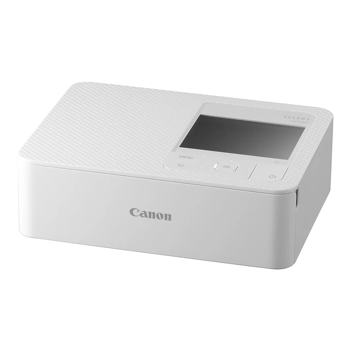 Weißer Canon Selphy CP1500 Fotodrucker mit Bildschirm und Tasten. Oberfläche strukturiert, mit Canon-Logo.