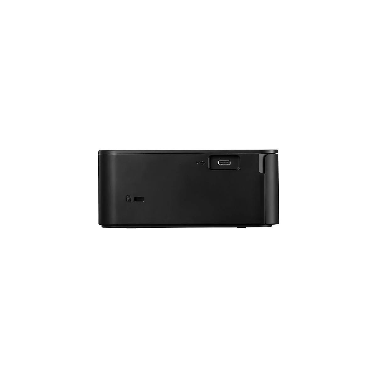 Schwarzes elektronisches GerÃ¤t, seitliche Ansicht. USB-C-Anschluss, USB-Anschluss und Schloss-Symbol.