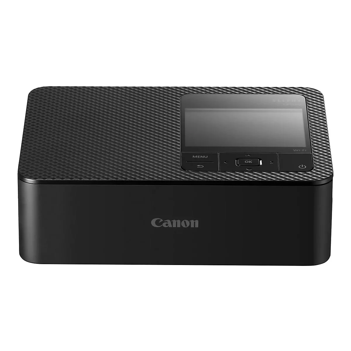 Schwarzer Canon-Fotodrucker. Der Drucker hat ein Display und das Canon-Logo.