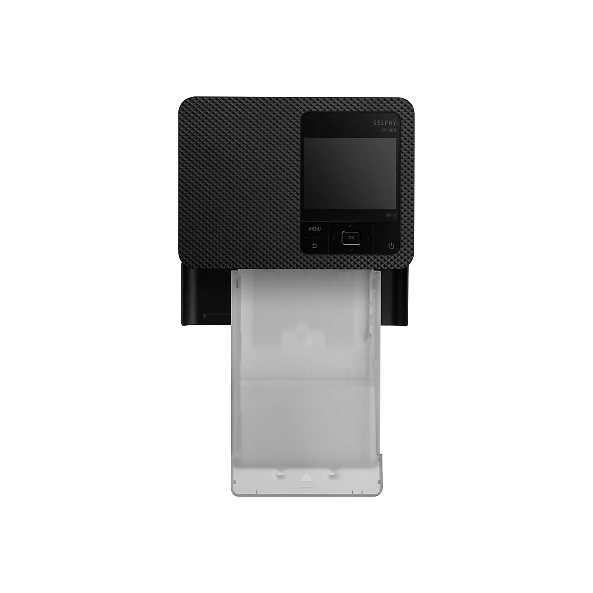 Vue de dessus d'une imprimante photo Canon SELPHY CP1500 noire. Le bac de sortie papier est sorti.