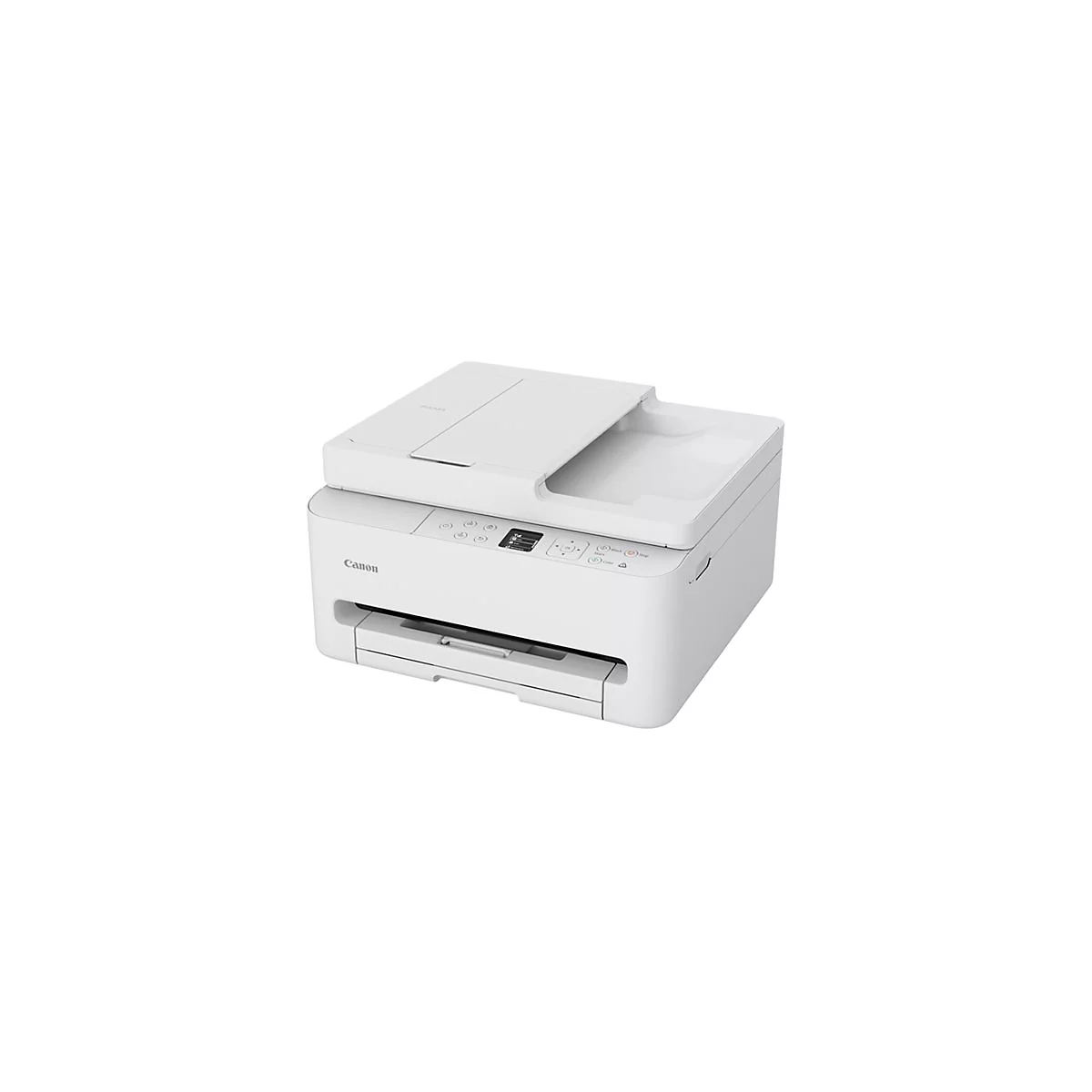 Imprimante multifonction Canon blanche. Il y a un bac ouvert sur le dessus. Il y a une alimentation papier à l'avant.