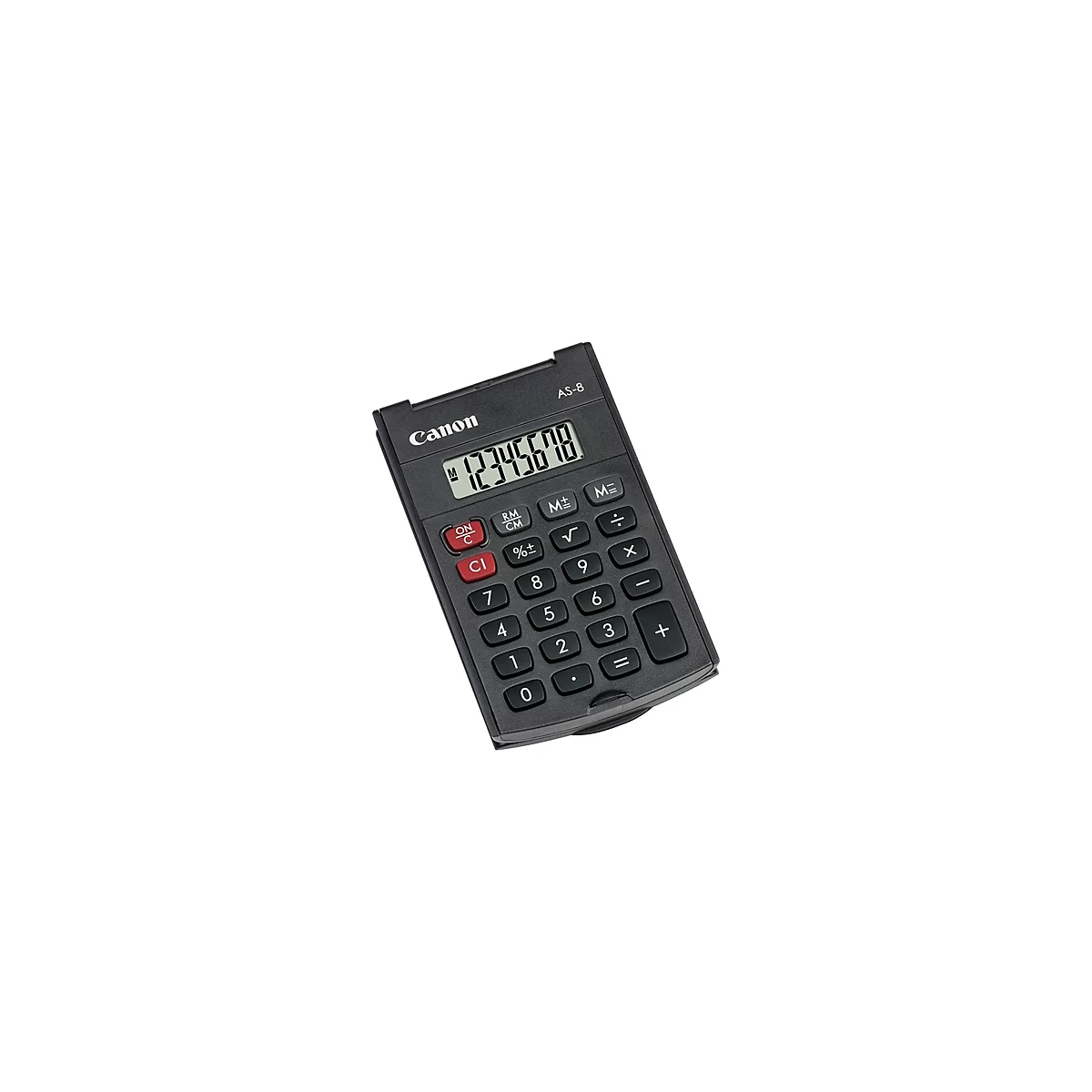Schwarzer Taschenrechner mit Display, Canon-Logo, Tasten mit Zahlen und Funktionen, Ziffernanzeige: 12345678.