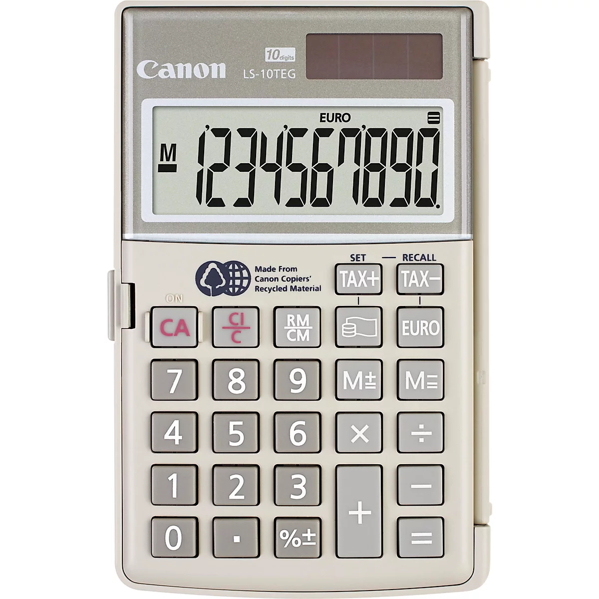 Beige Canon-Taschenrechner mit blauer Schrift. Auf dem Display: 1234567890. Zahlentasten und Funktionen wie TAX+ oder EURO.
