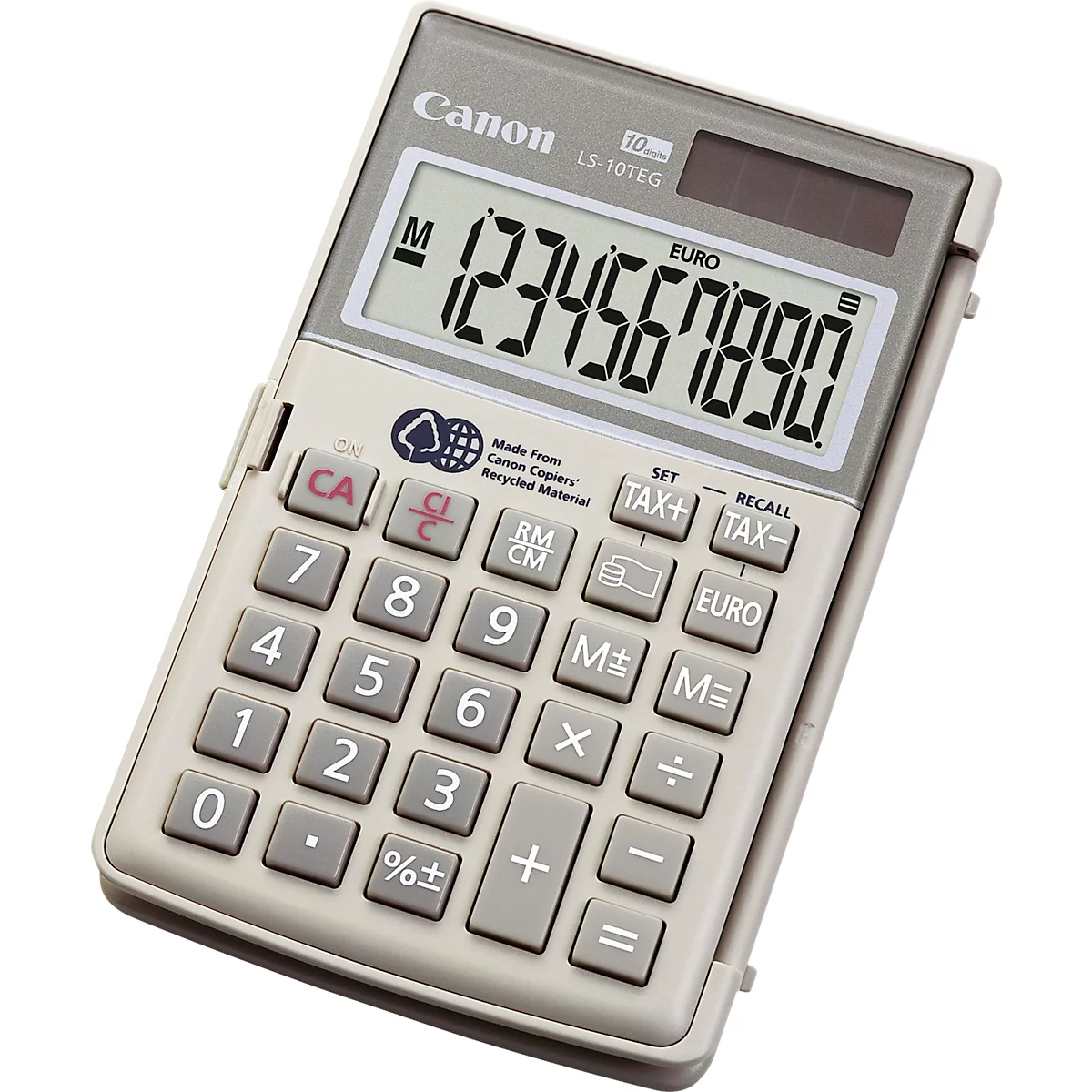 Ein grauer Taschenrechner mit Display zeigt die Zahlen 1 bis 9 und 0 an. Tasten mit Zahlen und Funktionen.