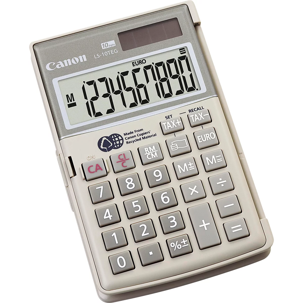 Ein grauer Taschenrechner mit der Anzeige 1234567890. Oben links das Canon-Logo, darunter Tasten.