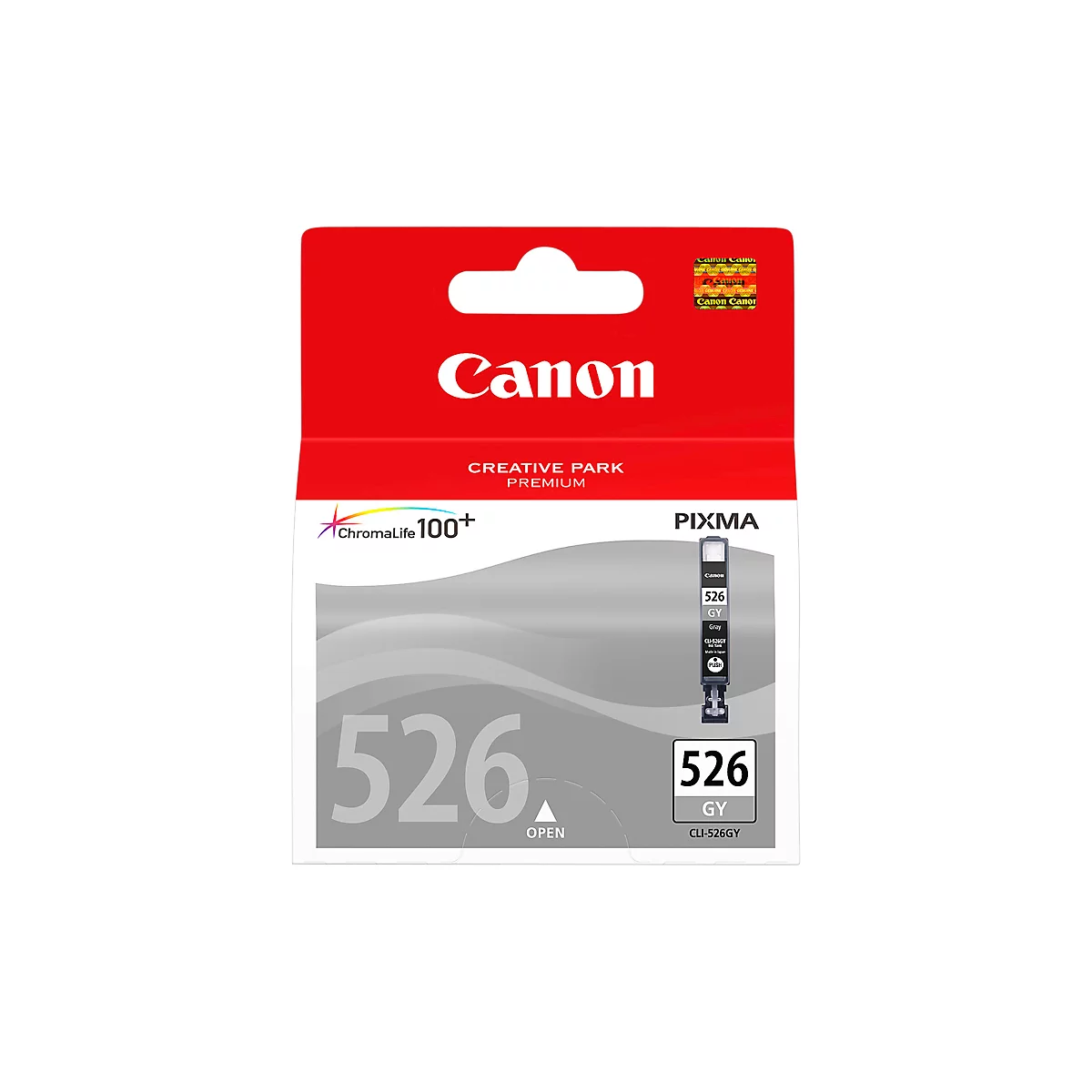 Eine Canon-Tintenpatrone mit dem Aufdruck '526 GY' auf rotem Hintergrund.