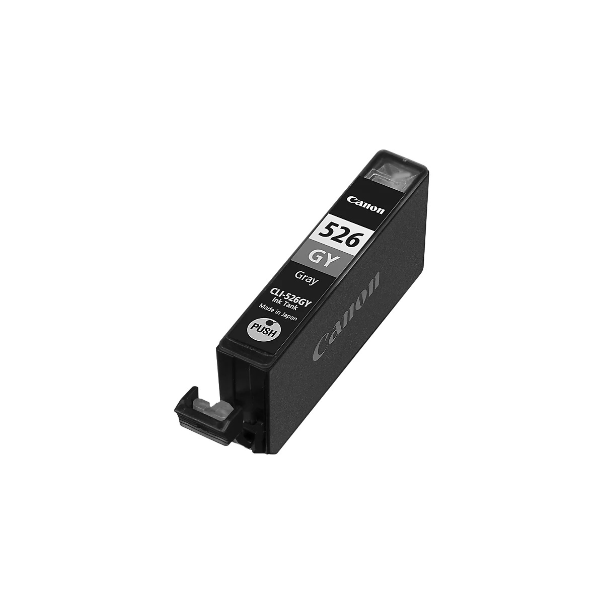 Graue Canon Tintenpatrone, Modell CLI-526GY. Aufschrift: 526 GY, Gray, Made in Japan, Canon Logo.