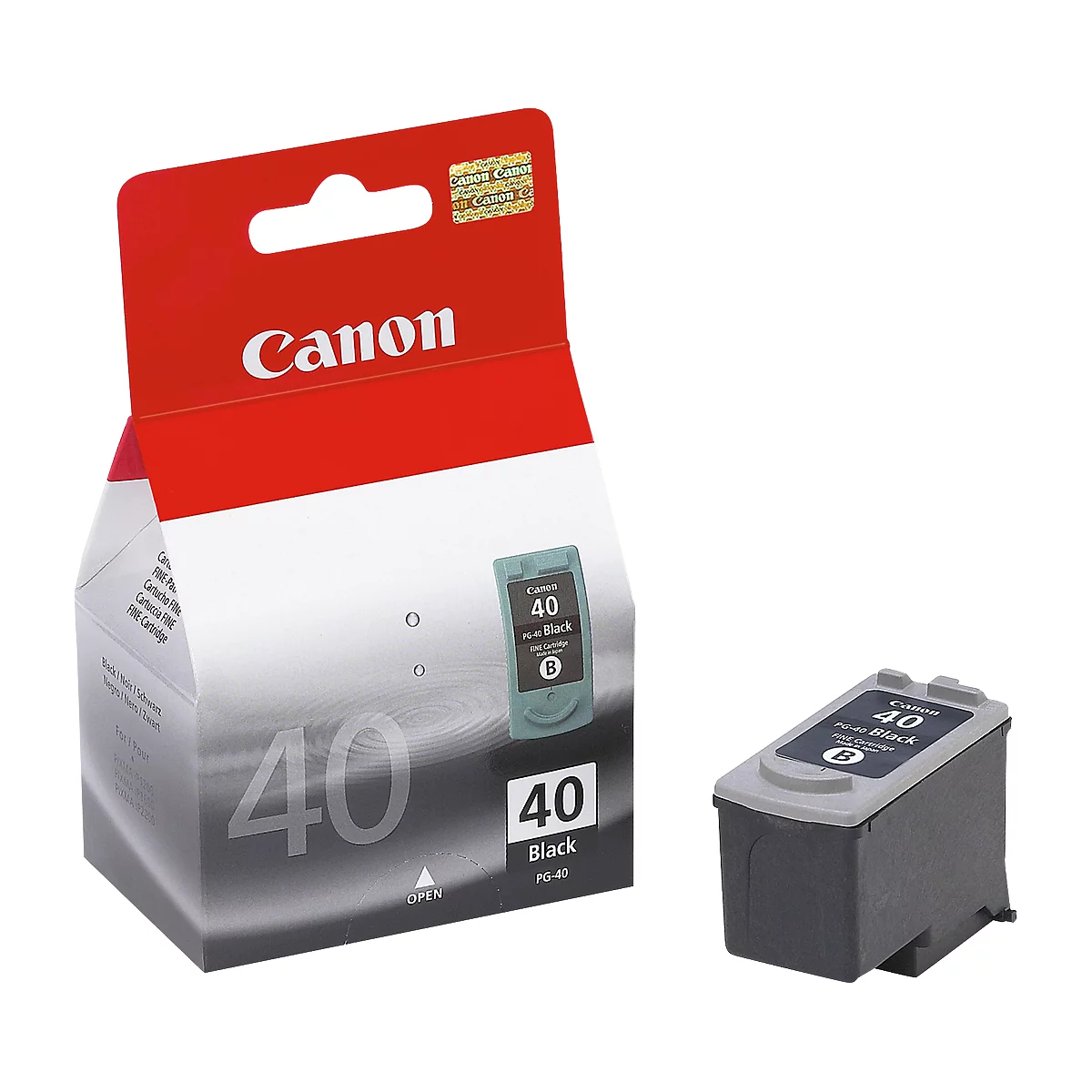 Eine Canon Druckerpatrone und deren Verpackung. Schwarze Tinte, Produktname: Canon 40 Black.