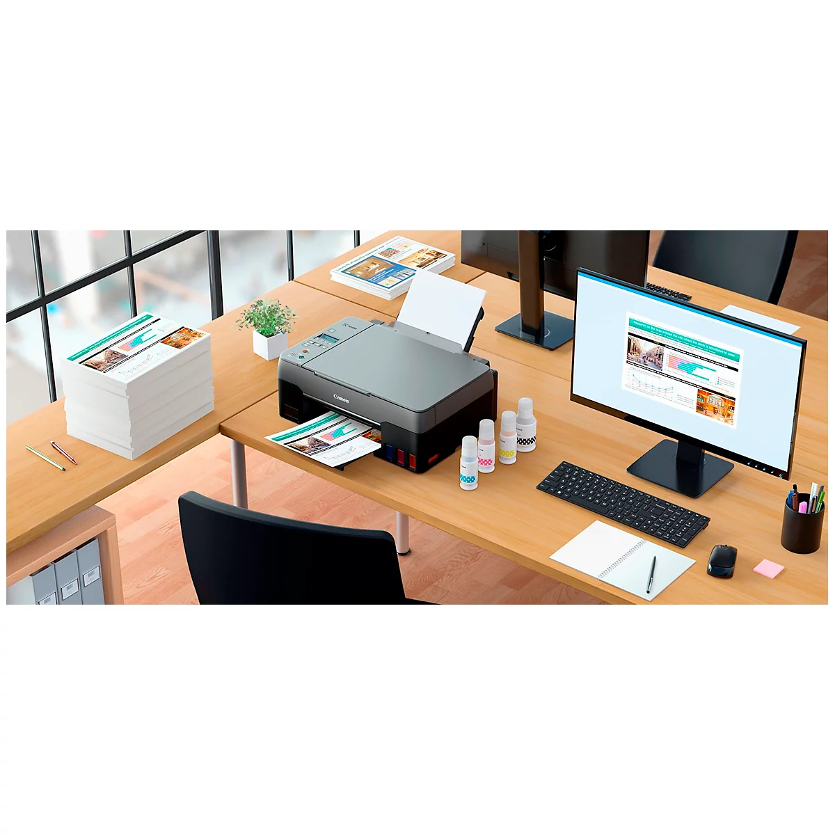 Canon Tintenstrahl-Multifunktionsdrucker PIXMA G2560 MegaTank, Schwarzweiß/Farbe, 3-in-1, USB, Duplex, bis A4, inkl. CMYK-Flaschen