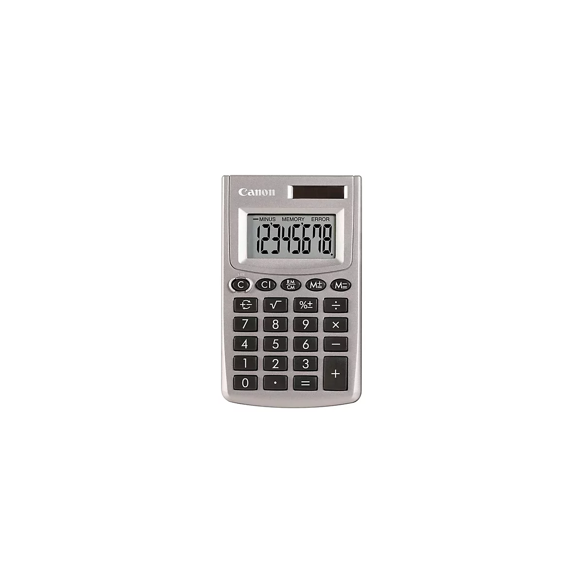 Grauer Taschenrechner der Marke Canon mit Zahlen auf dem Display und Tasten. Auf dem Display steht die Zahl 12345678.