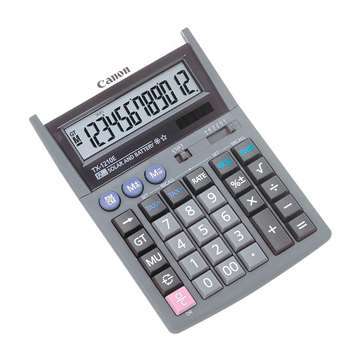 Grauer Taschenrechner mit Display, Tasten und der Anzeige der Zahlen 1 bis 12. Auf dem Rechner ist "Canon" aufgedruckt.