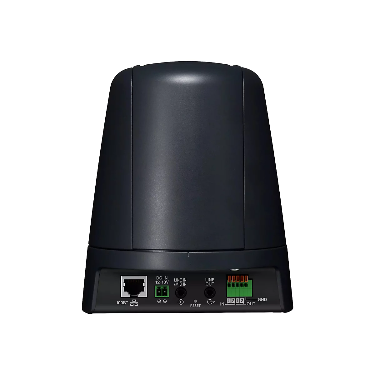 Schwarzes elektronisches Gerät, rechteckig, mit abgerundeten Ecken. Unten befinden sich Anschlüsse für Strom, Ethernet und Audio.